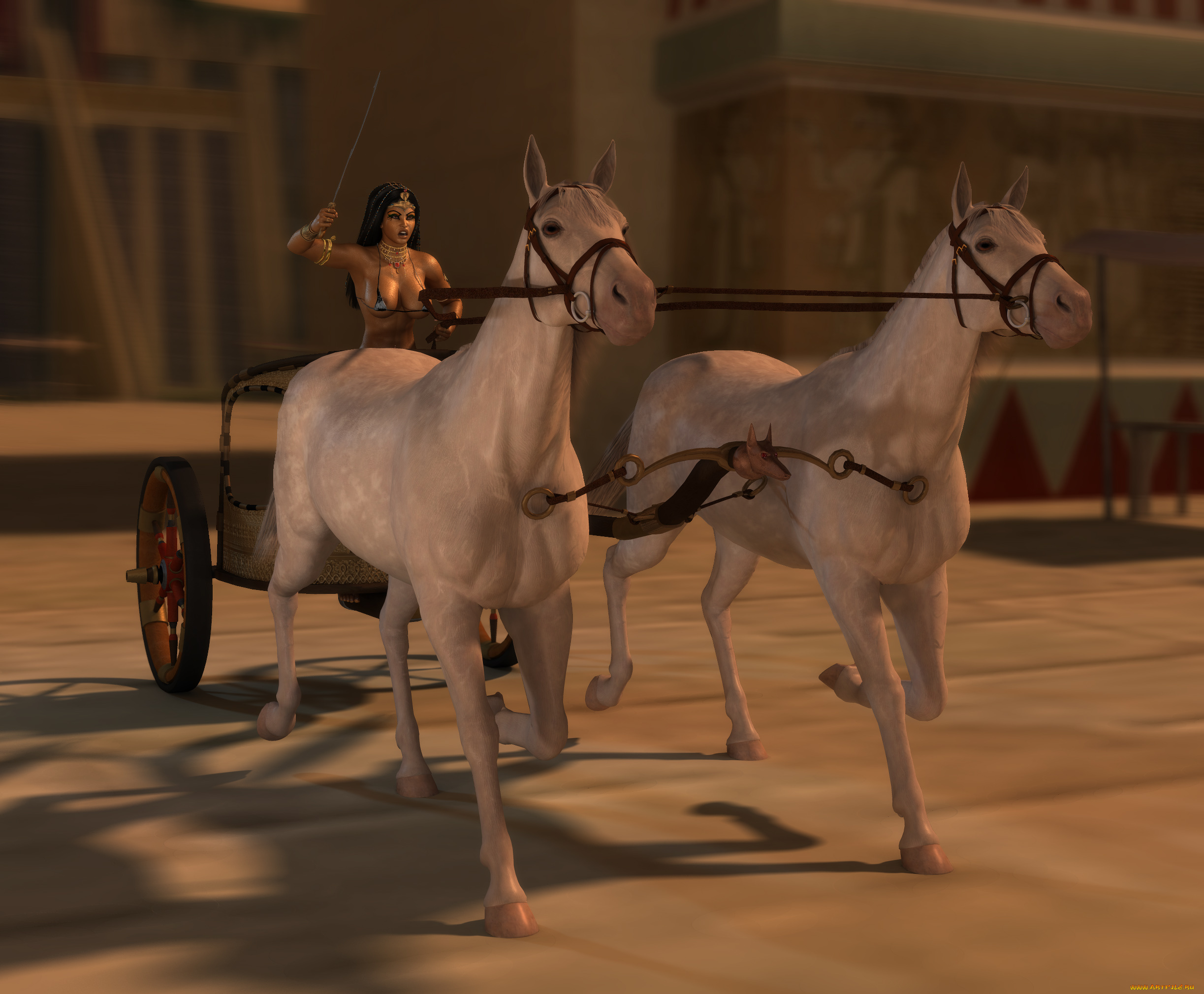 3д, графика, люди, , people, упряжка, карета, лошади, фон, взгляд, девушка