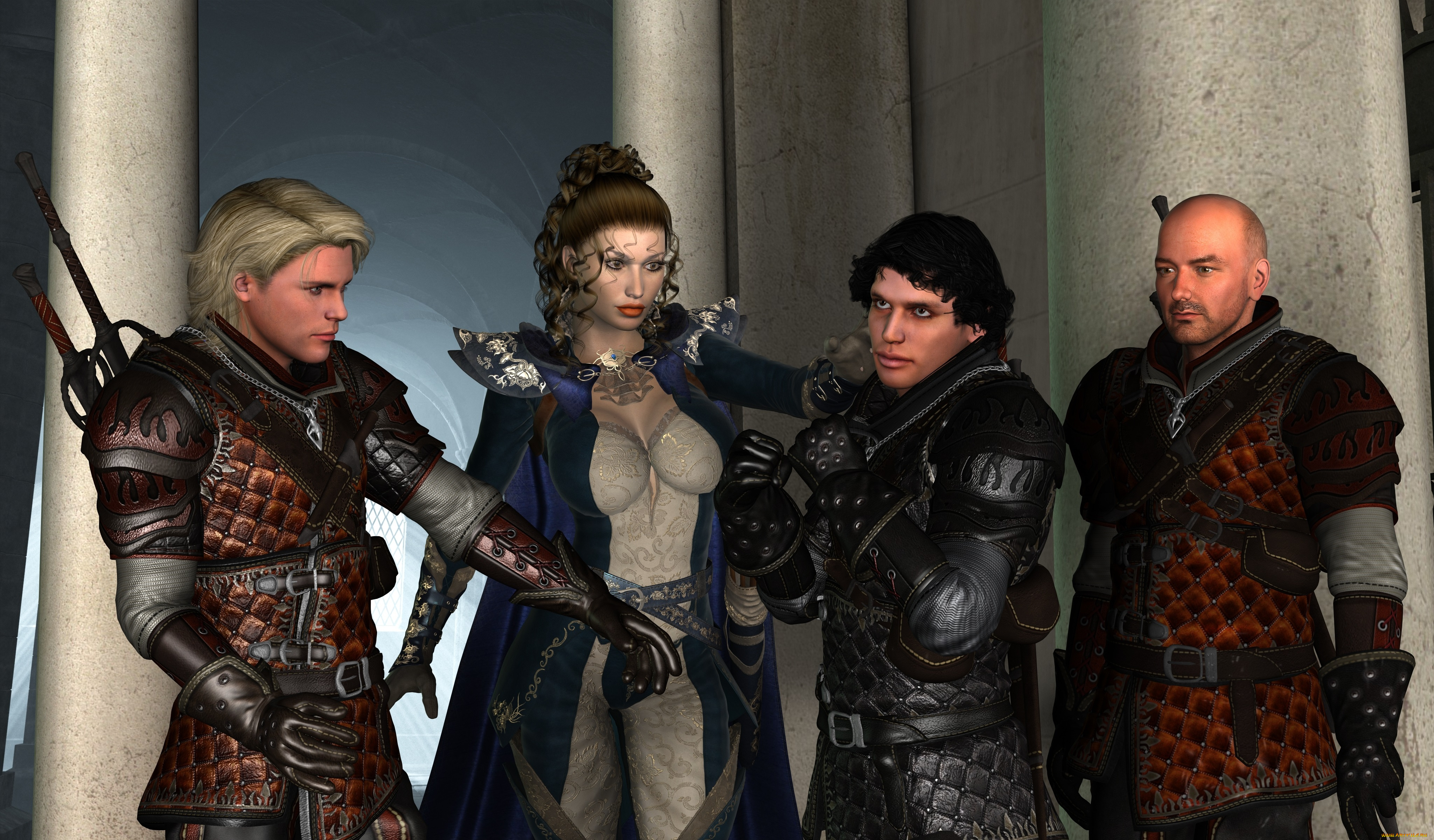 3д, графика, фантазия, , fantasy, взгляд, девушка, мужчины, оружие, фон