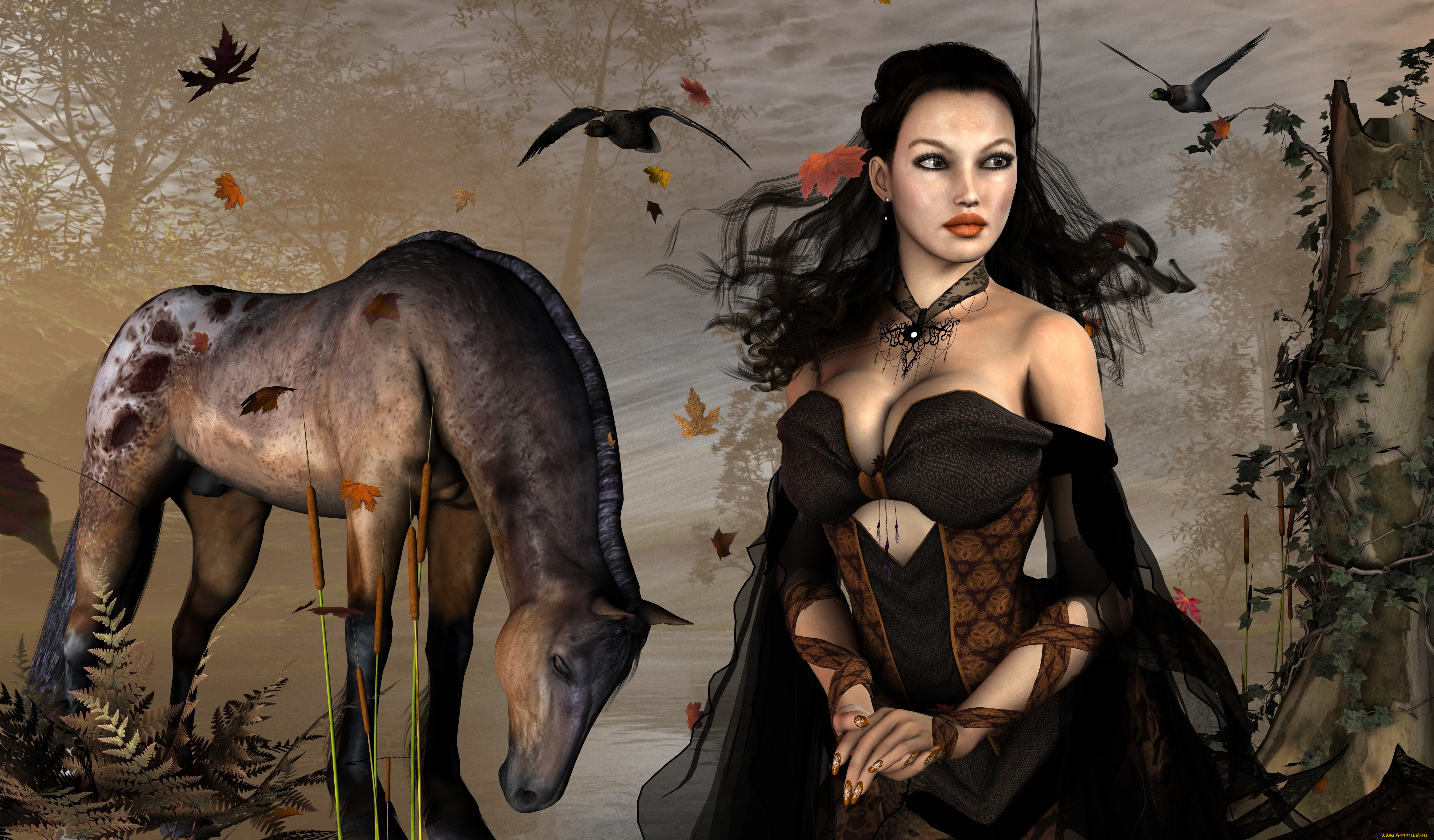 3д, графика, люди, , people, взгляд, девушка, природа, птицы, лошадь, фон