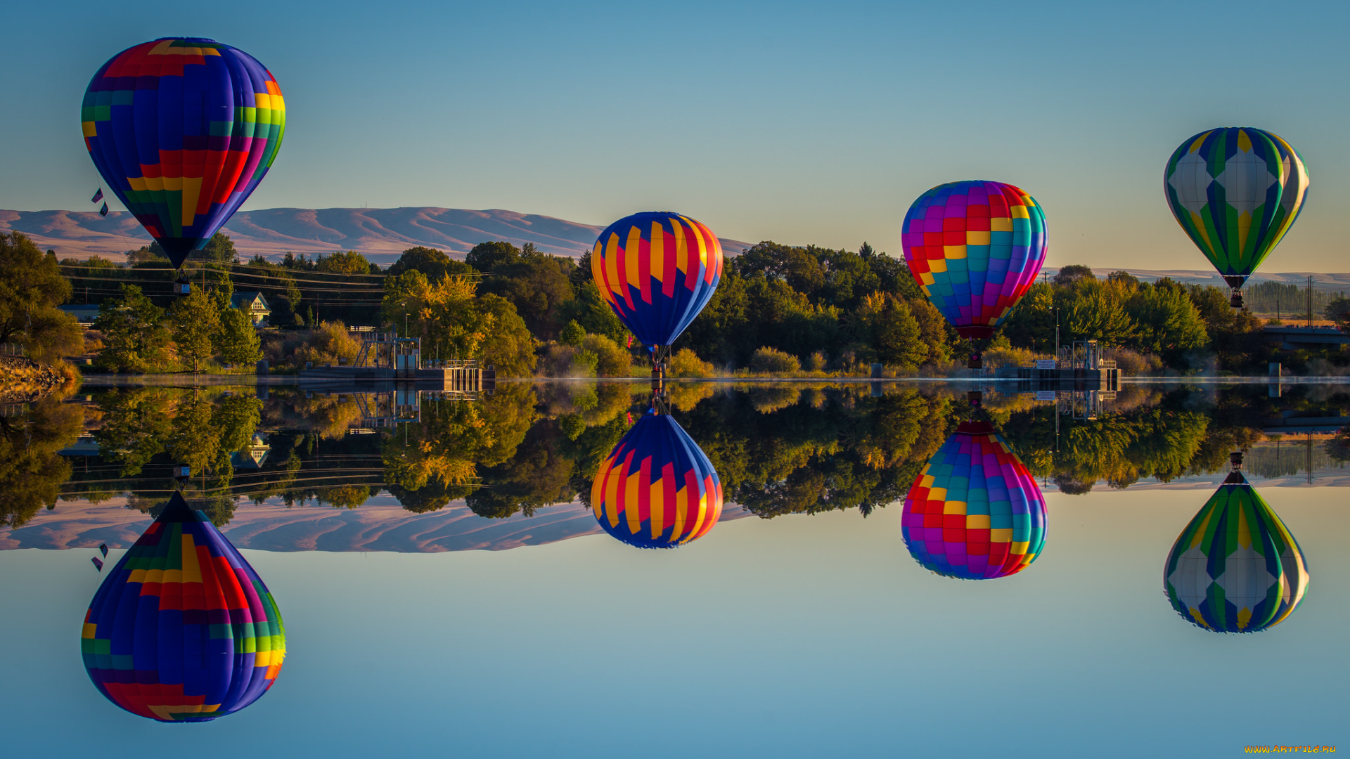 авиация, воздушные, шары, берег, горы, озеро, воздушные, шары, отражение, небо