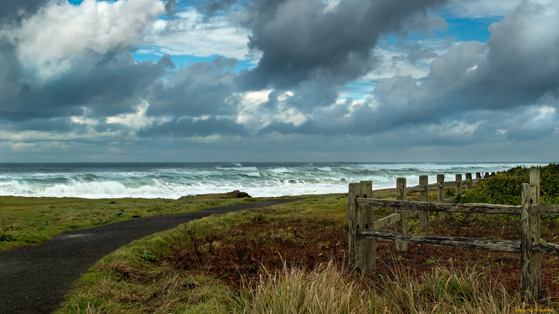 природа, побережье, берег, море, дорога, небо