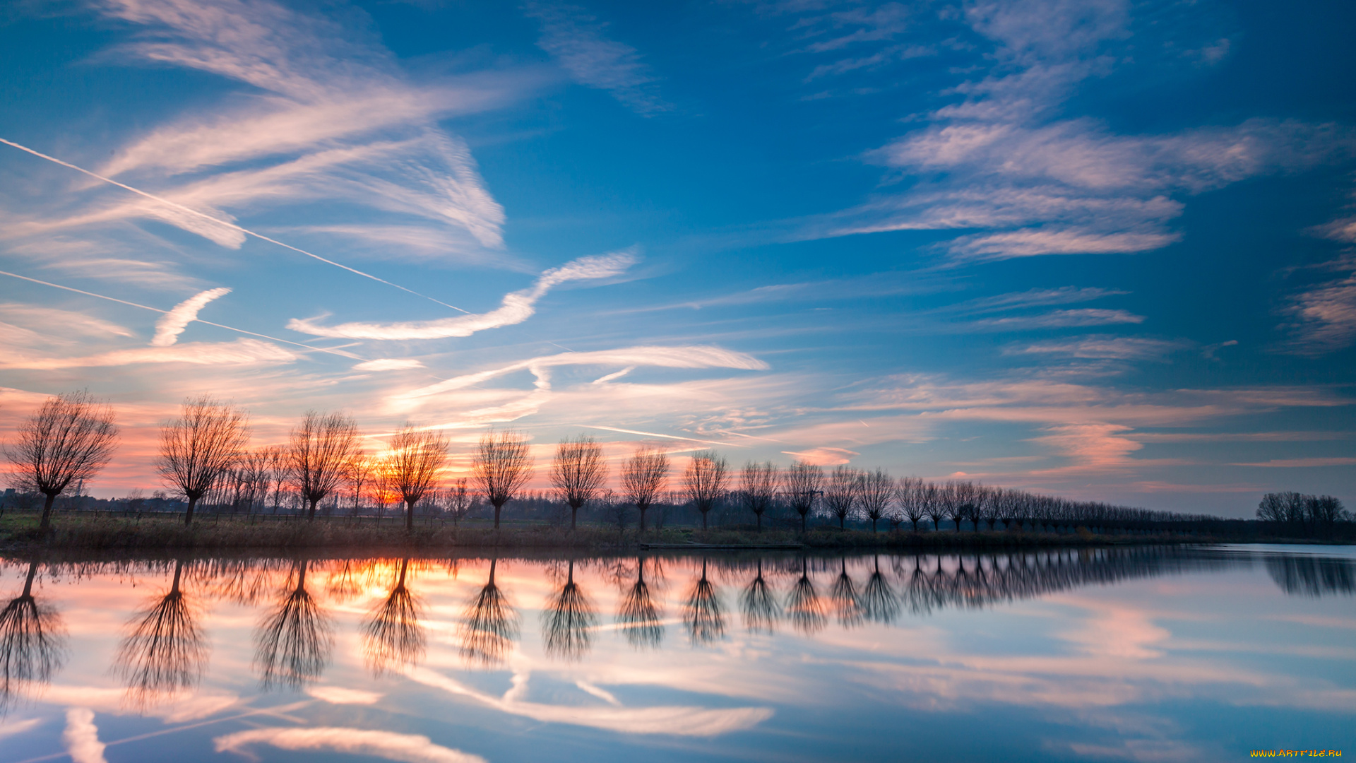 природа, восходы, закаты, небо, озеро, деревья