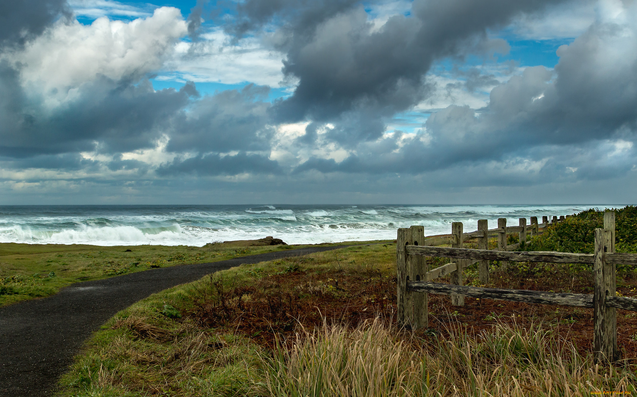 природа, побережье, берег, море, дорога, небо