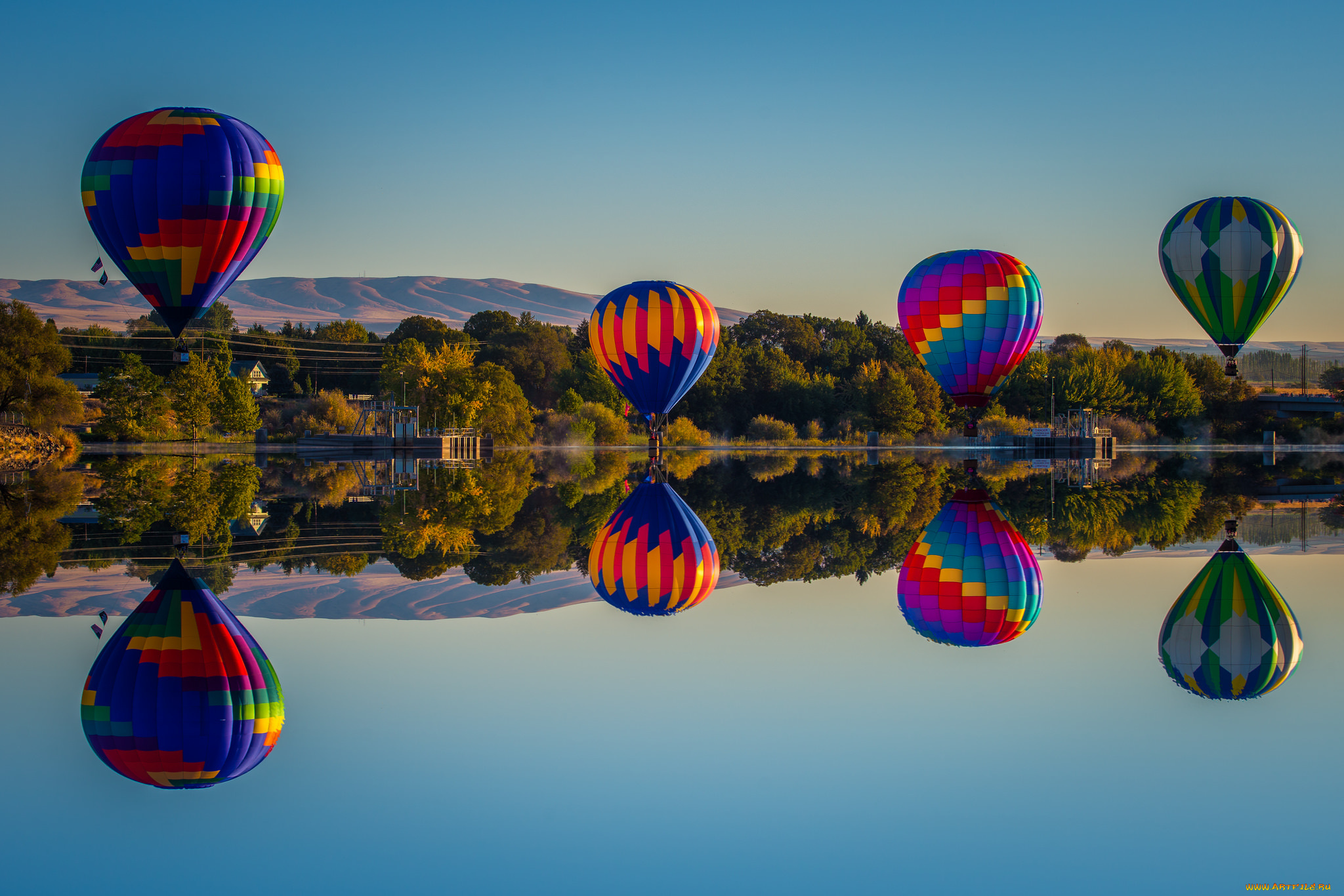 авиация, воздушные, шары, берег, горы, озеро, воздушные, шары, отражение, небо