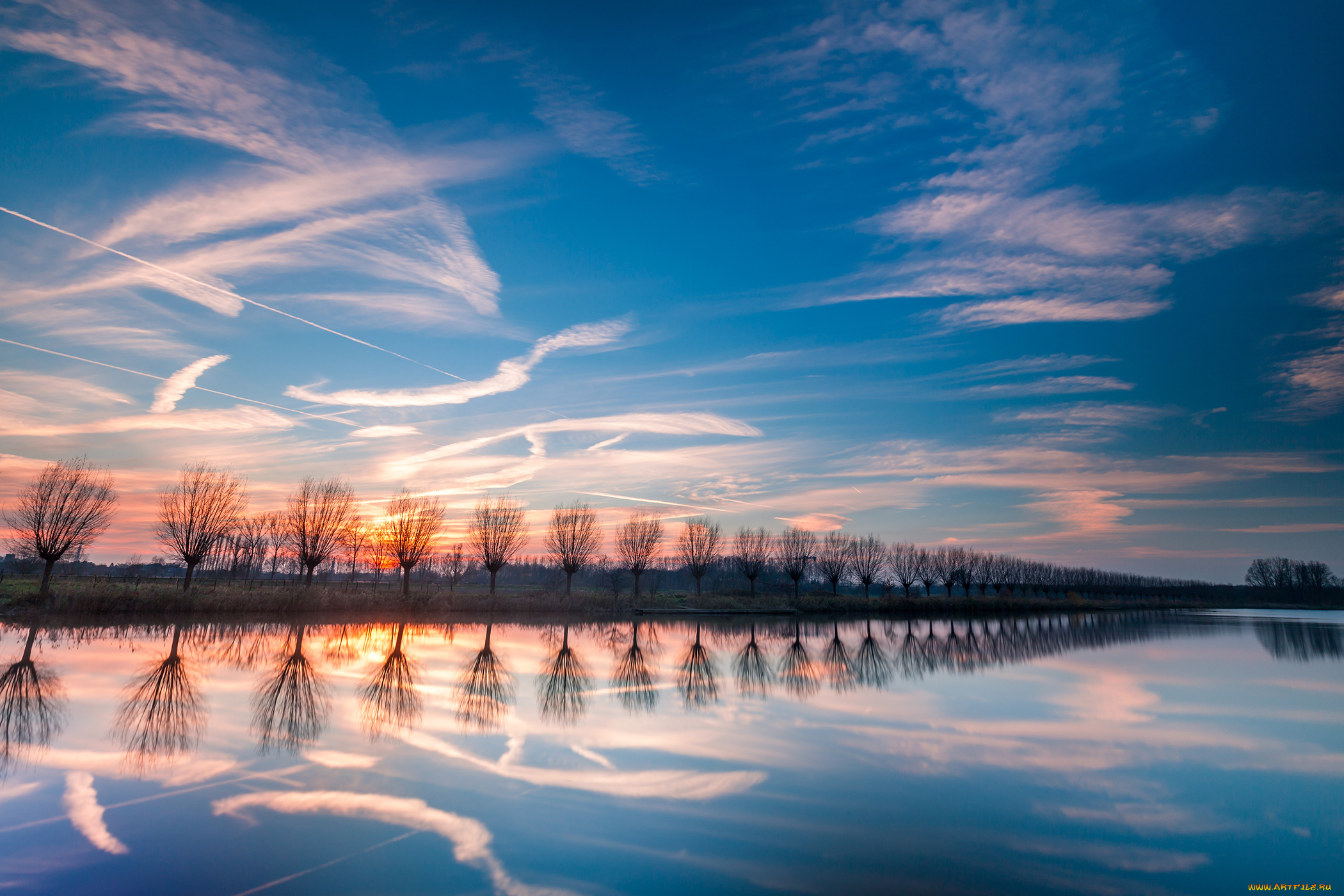 природа, восходы, закаты, небо, озеро, деревья