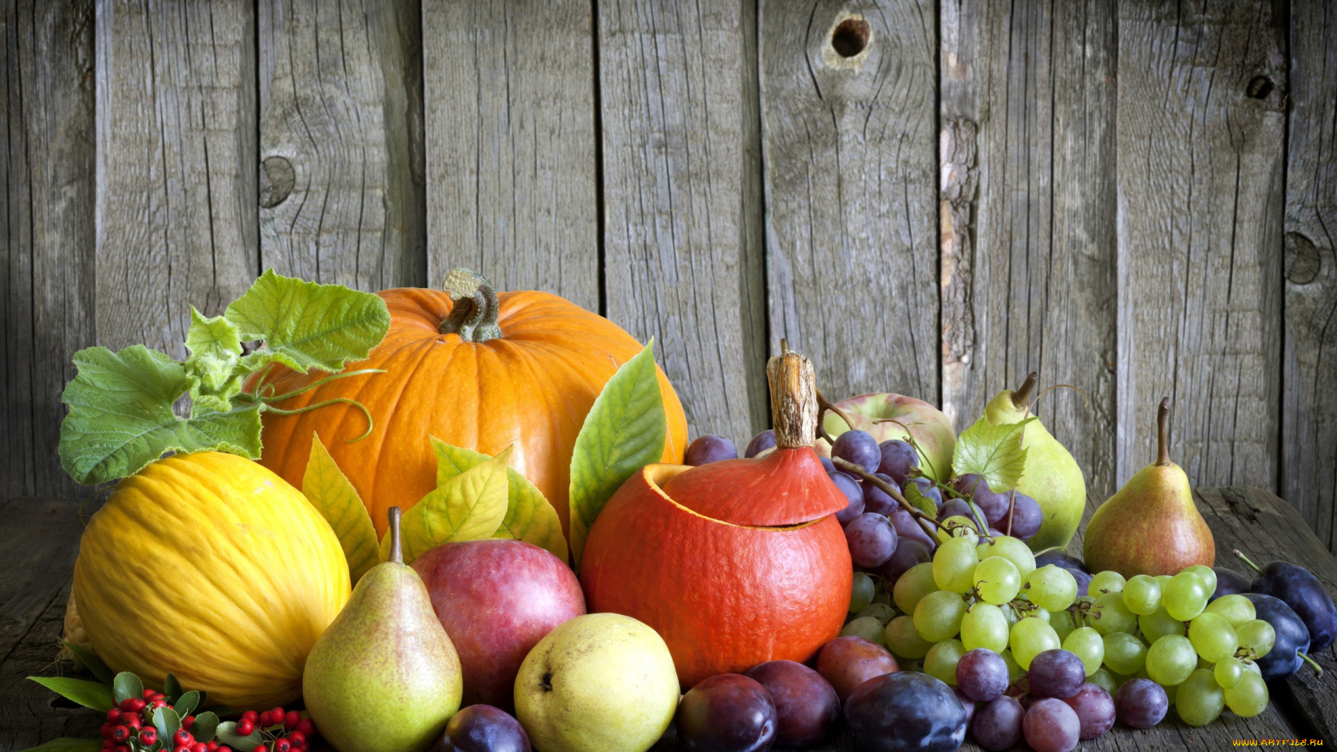 еда, фрукты, и, овощи, вместе, рябина, виноград, сливы, груши, яблоки, тыква