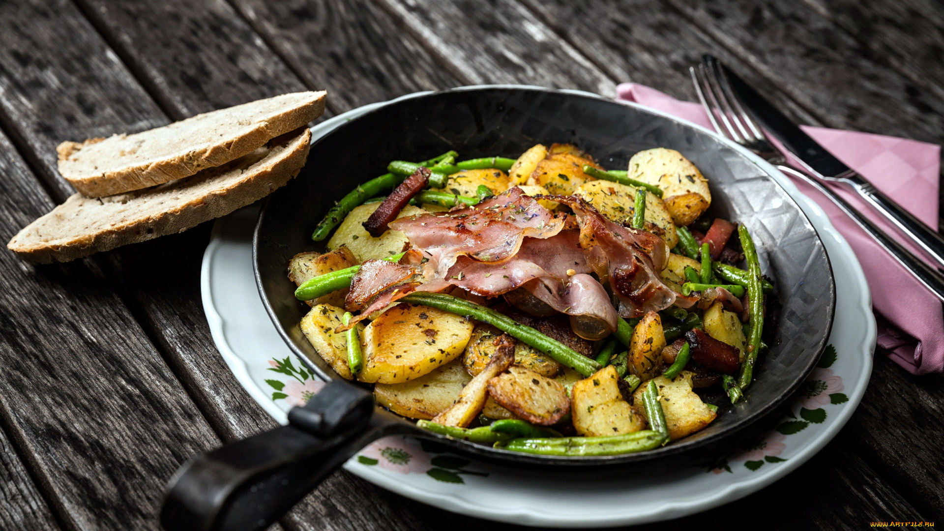 еда, картофель, ломтики, ветчина, фасоль