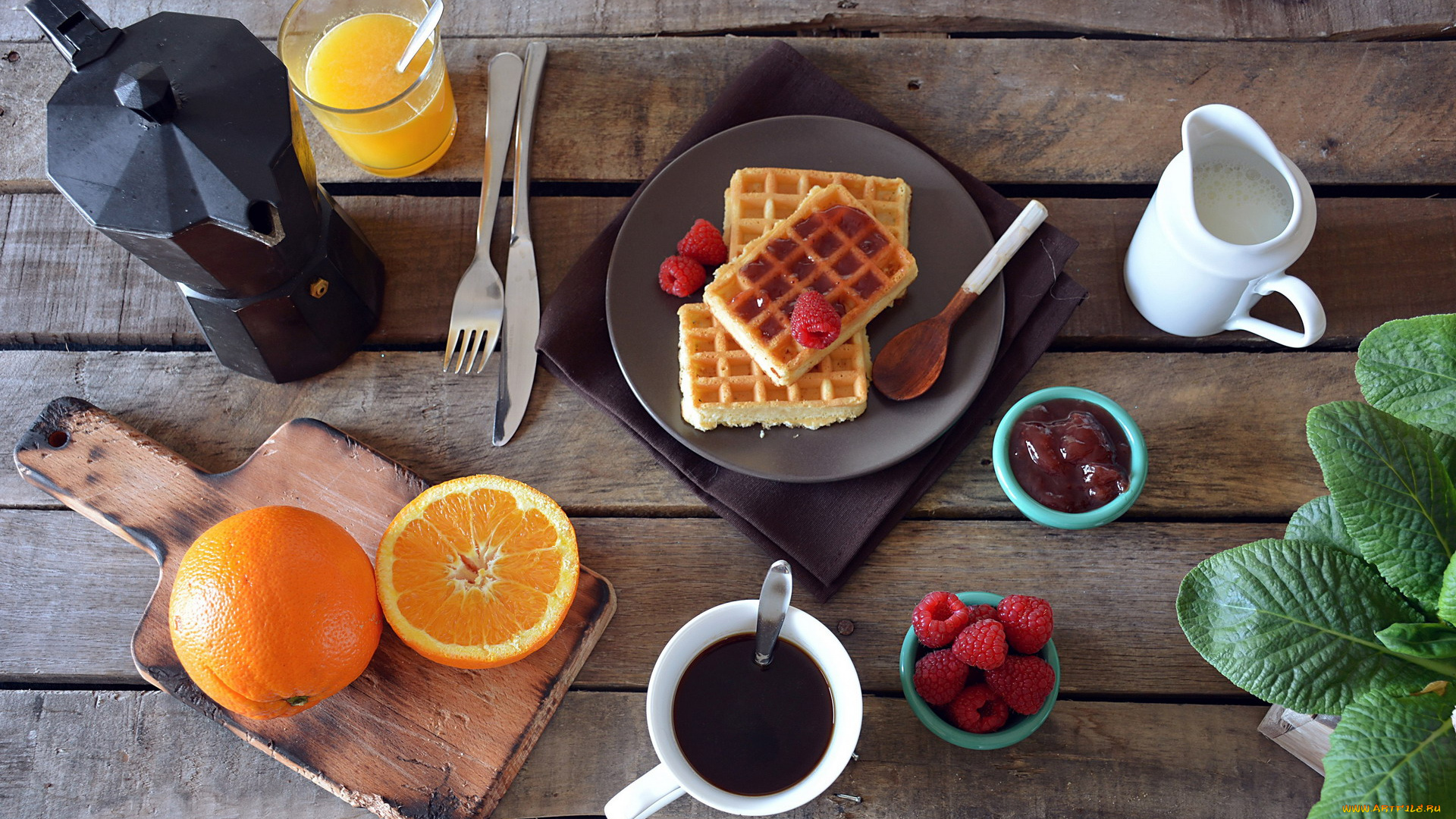 еда, разное, вафли, малина, апельсины, сок, кофе, джем