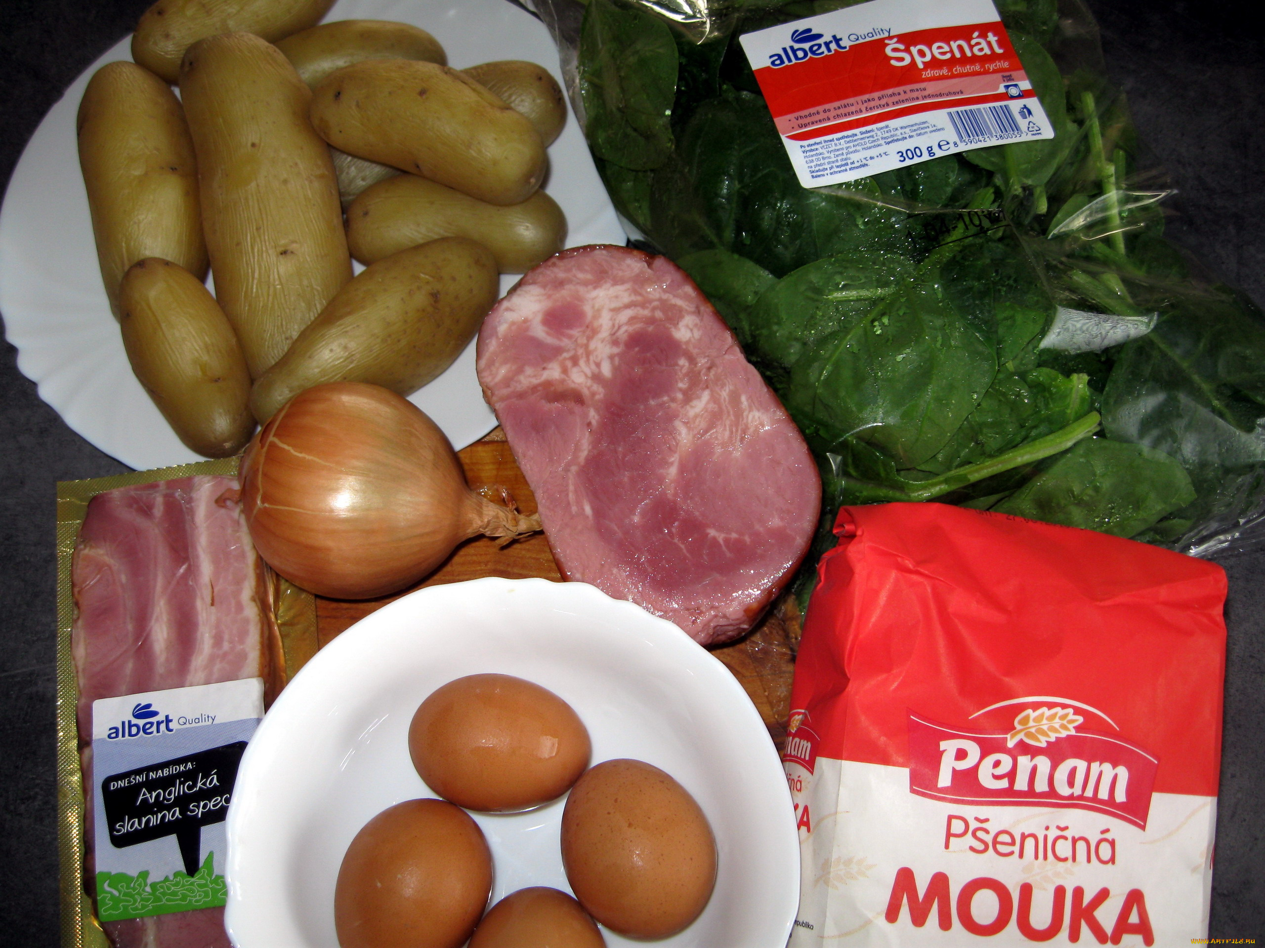 еда, разное, шпинат, лук, ветчина, картофель, яйца