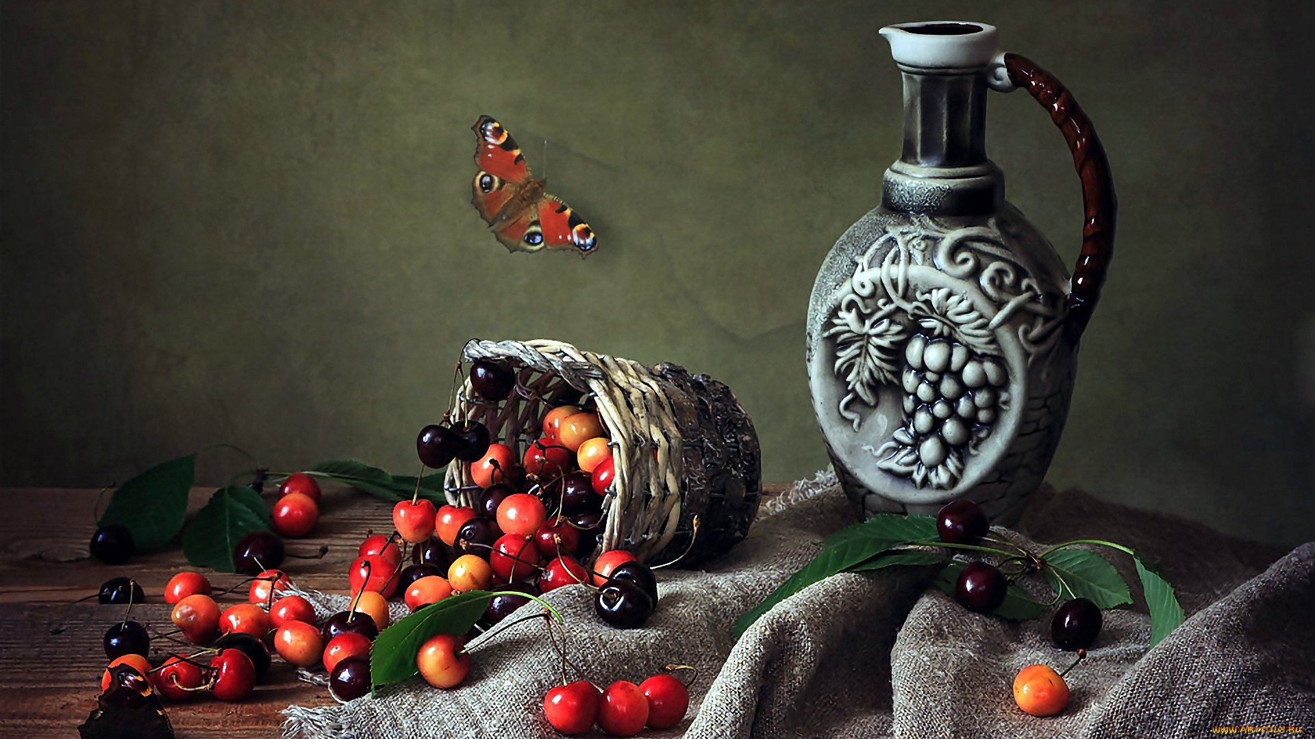 еда, вишня, , черешня, бабочка, черешня, кувшин