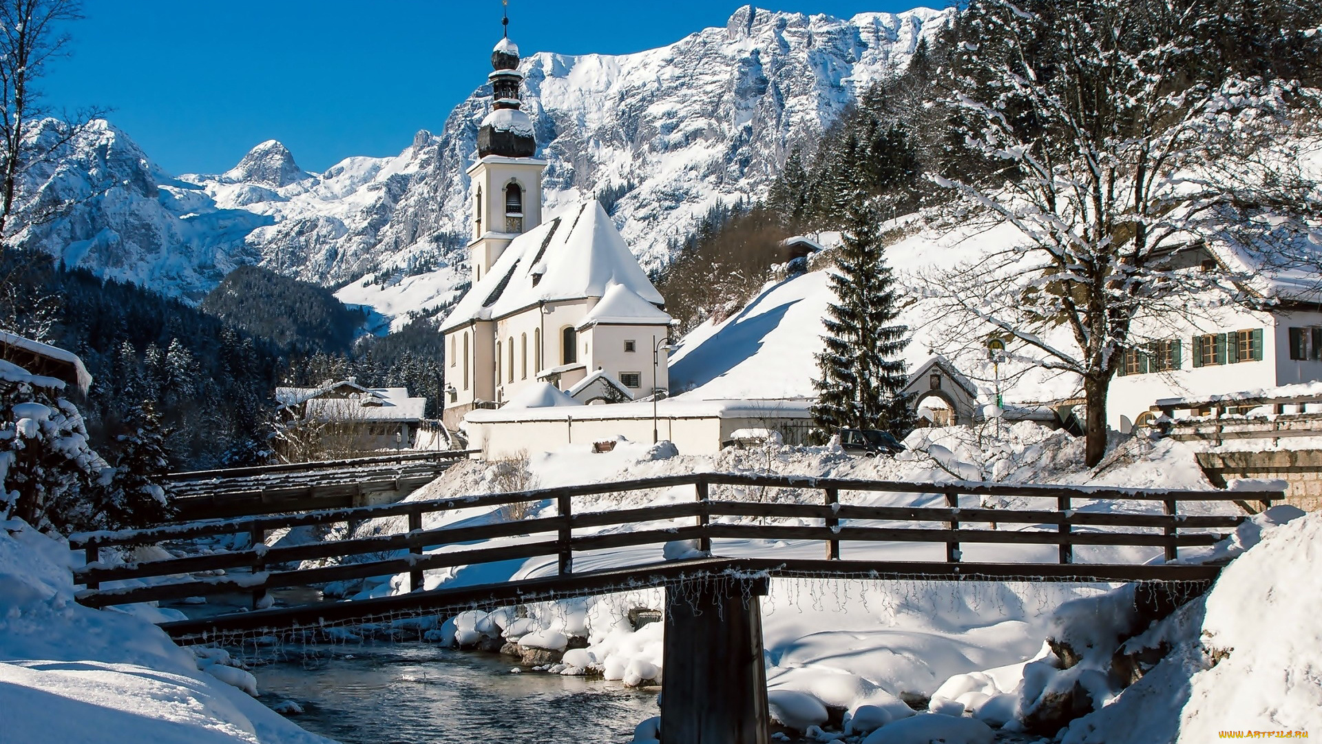 города, -, католические, соборы, , костелы, , аббатства, зима, мост, костел, река, снег