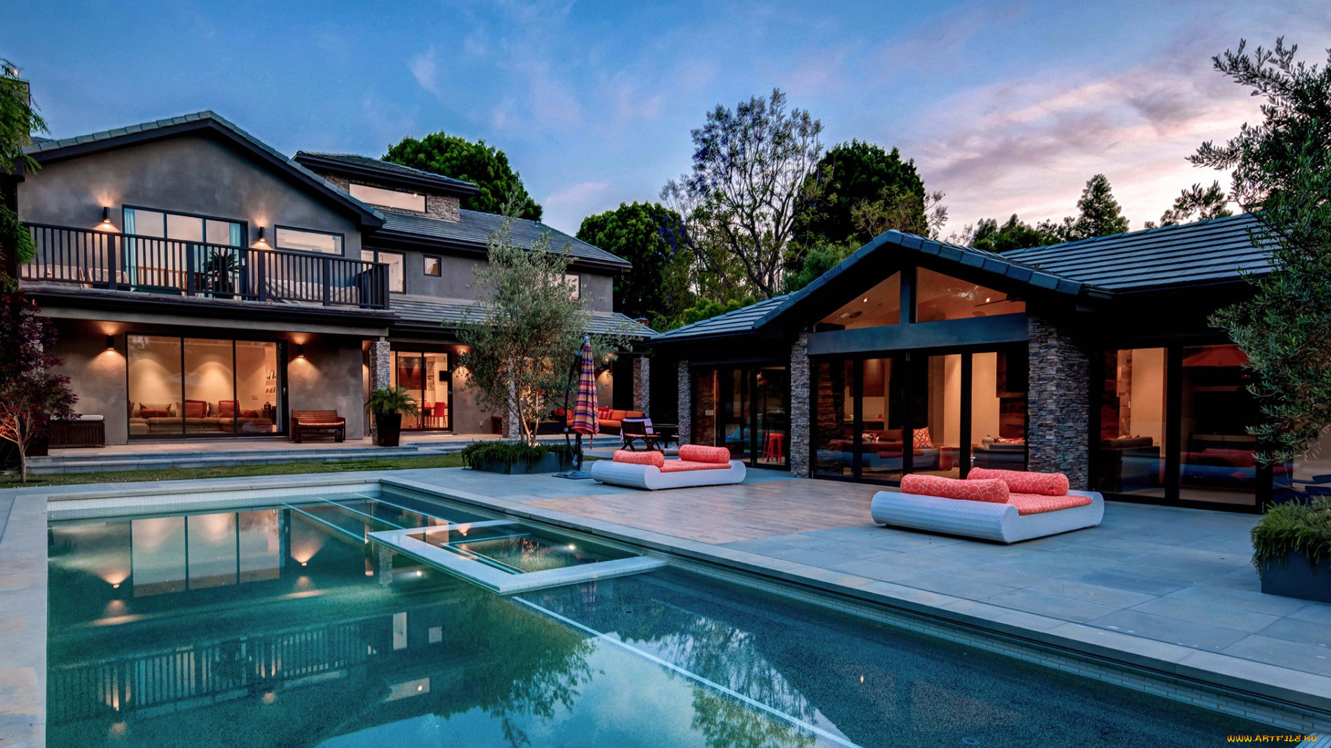 интерьер, бассейны, , открытые, площадки, вечер, дом, вилла, деревья, бассейн, дизайн