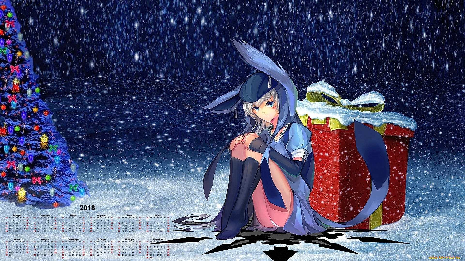 календари, аниме, снег, коробка, 2018, елка, взгляд, лицо, девушка