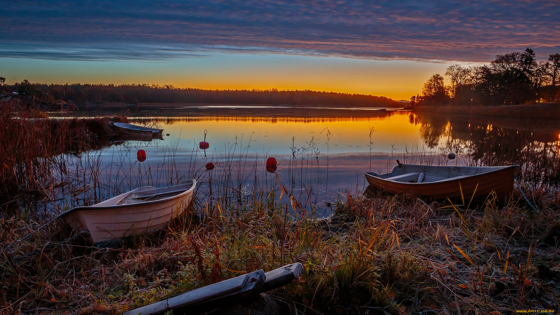 корабли, лодки, , шлюпки, вечер, облака, небо, трава, река, лес, закат, иней, деревья, берег, швеция