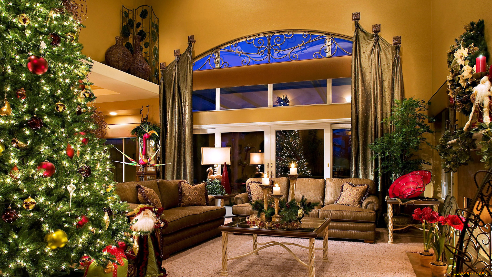 праздничные, Ёлки, елка, свечи, гостиная, украшения