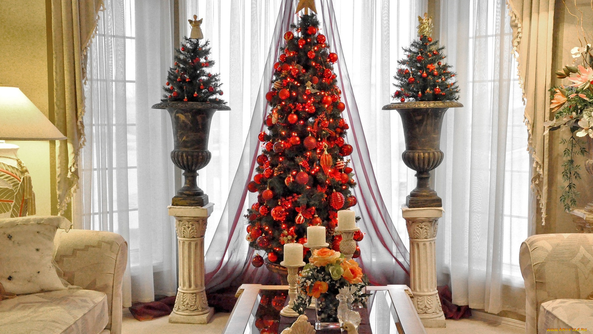 праздничные, Ёлки, гостиная, елки, свечи