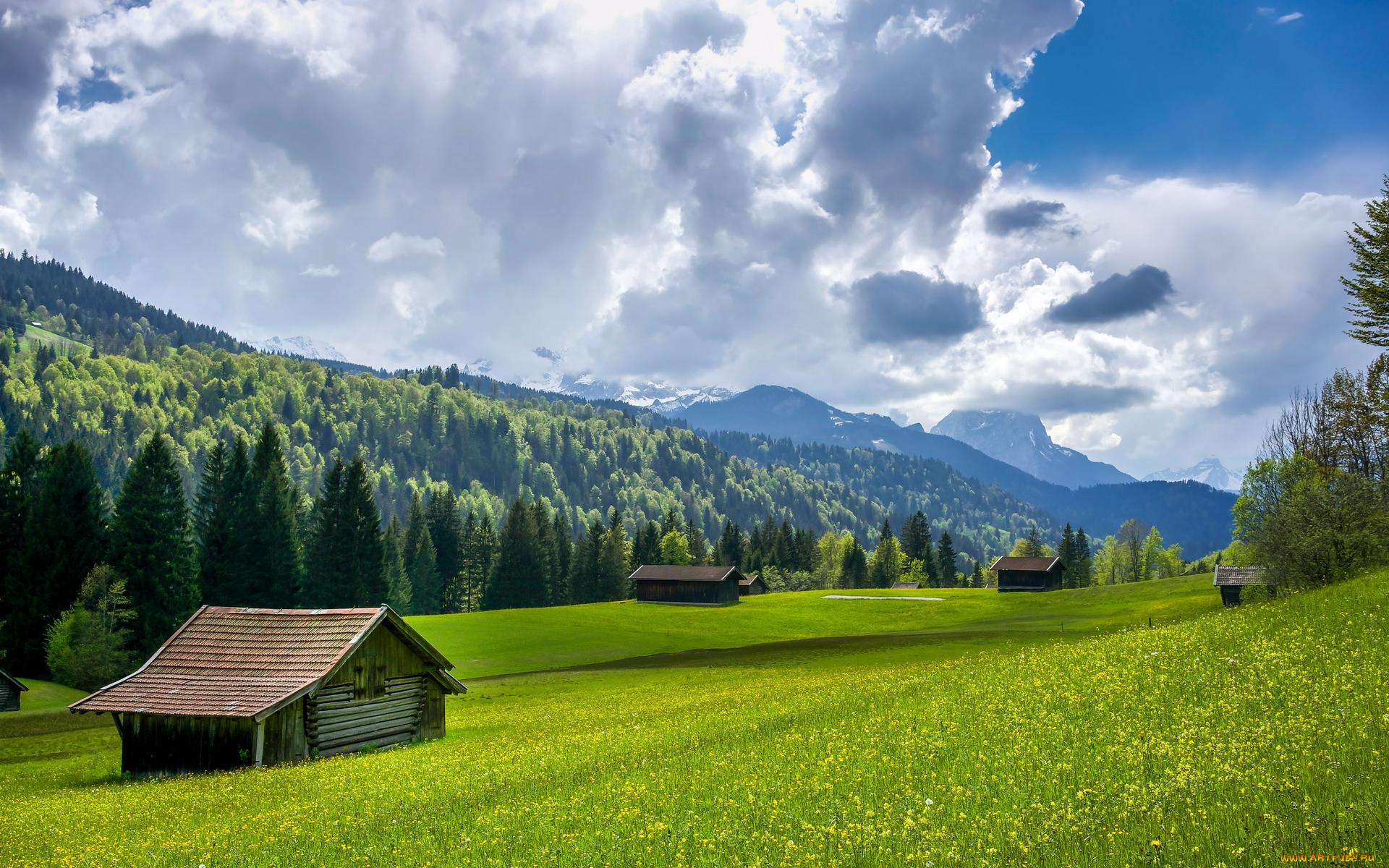 города, -, пейзажи, альпы, поле, гармиш, германия, миттенвальд