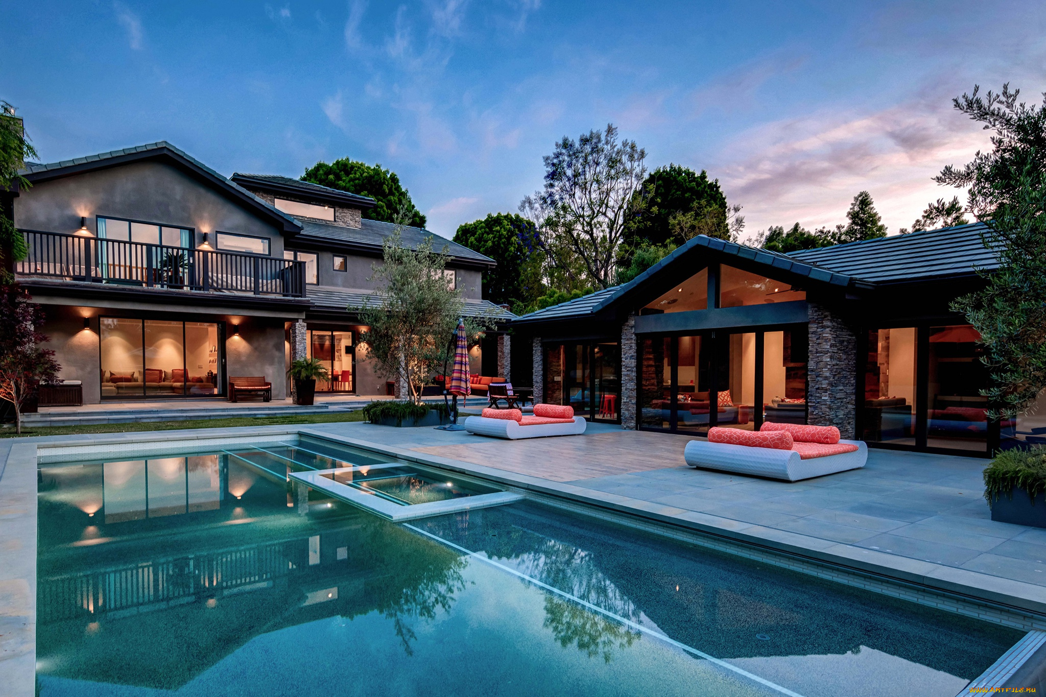 интерьер, бассейны, , открытые, площадки, вечер, дом, вилла, деревья, бассейн, дизайн