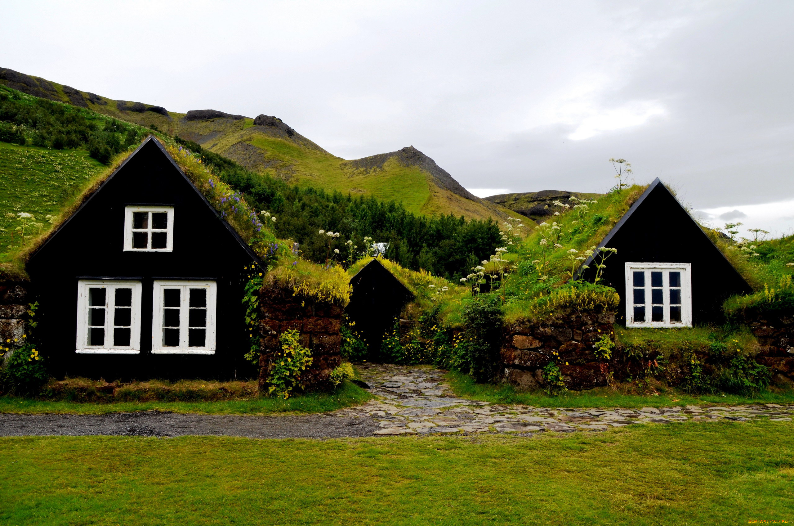 города, -, здания, , дома, дома, лужайка, холмы