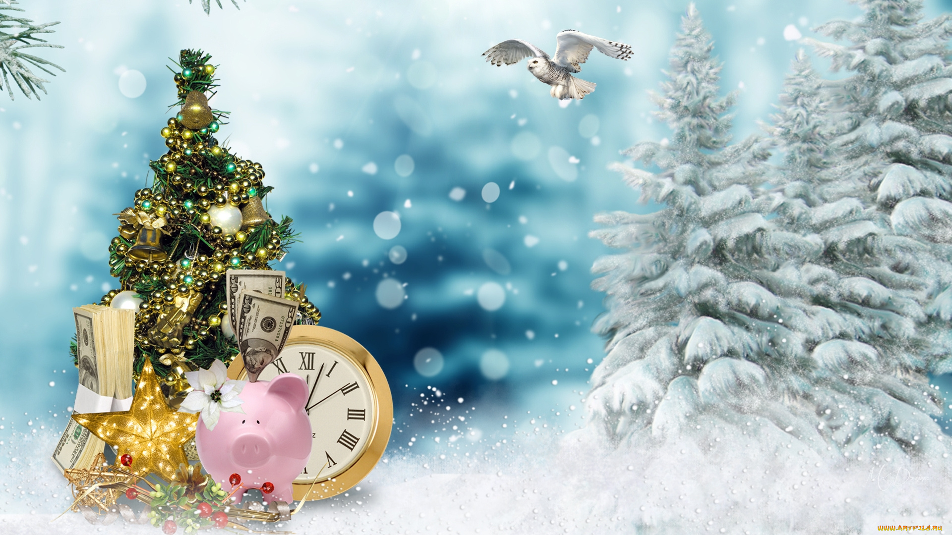 праздничные, -, разное, , новый, год, сова, украшения, елка, деревья