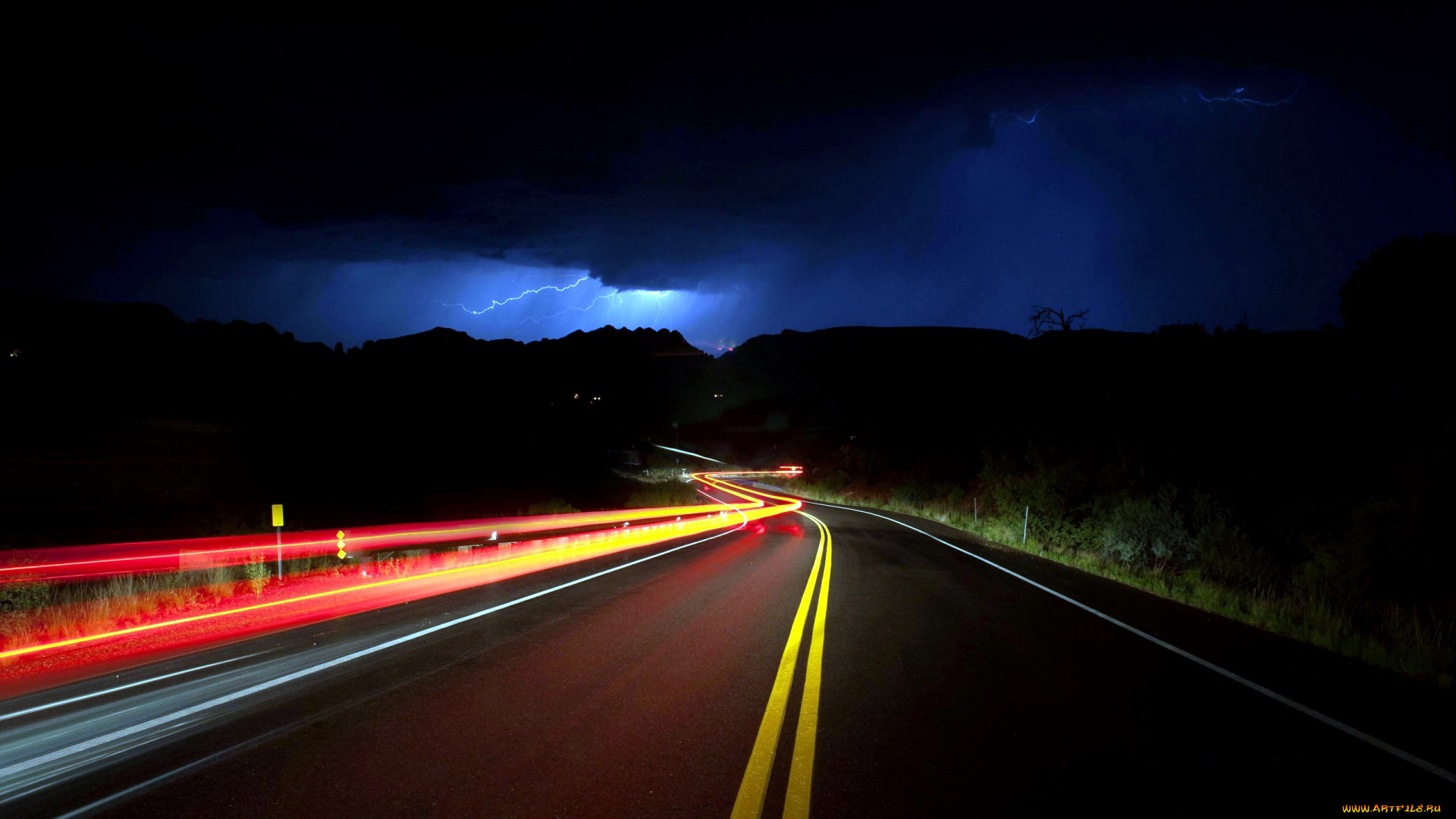 природа, дороги, молния, гроза, ночь, шоссе