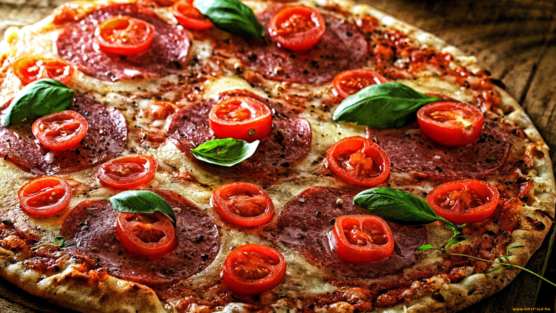 еда, пицца, базилик, помидоры, салями