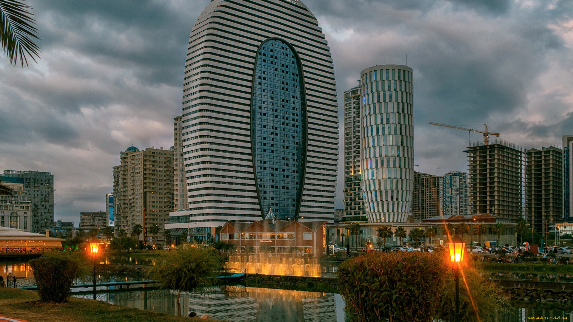 города, -, пейзажи, батуми, современные, здания, город, грузия, закат, вечер, двор, марриотт