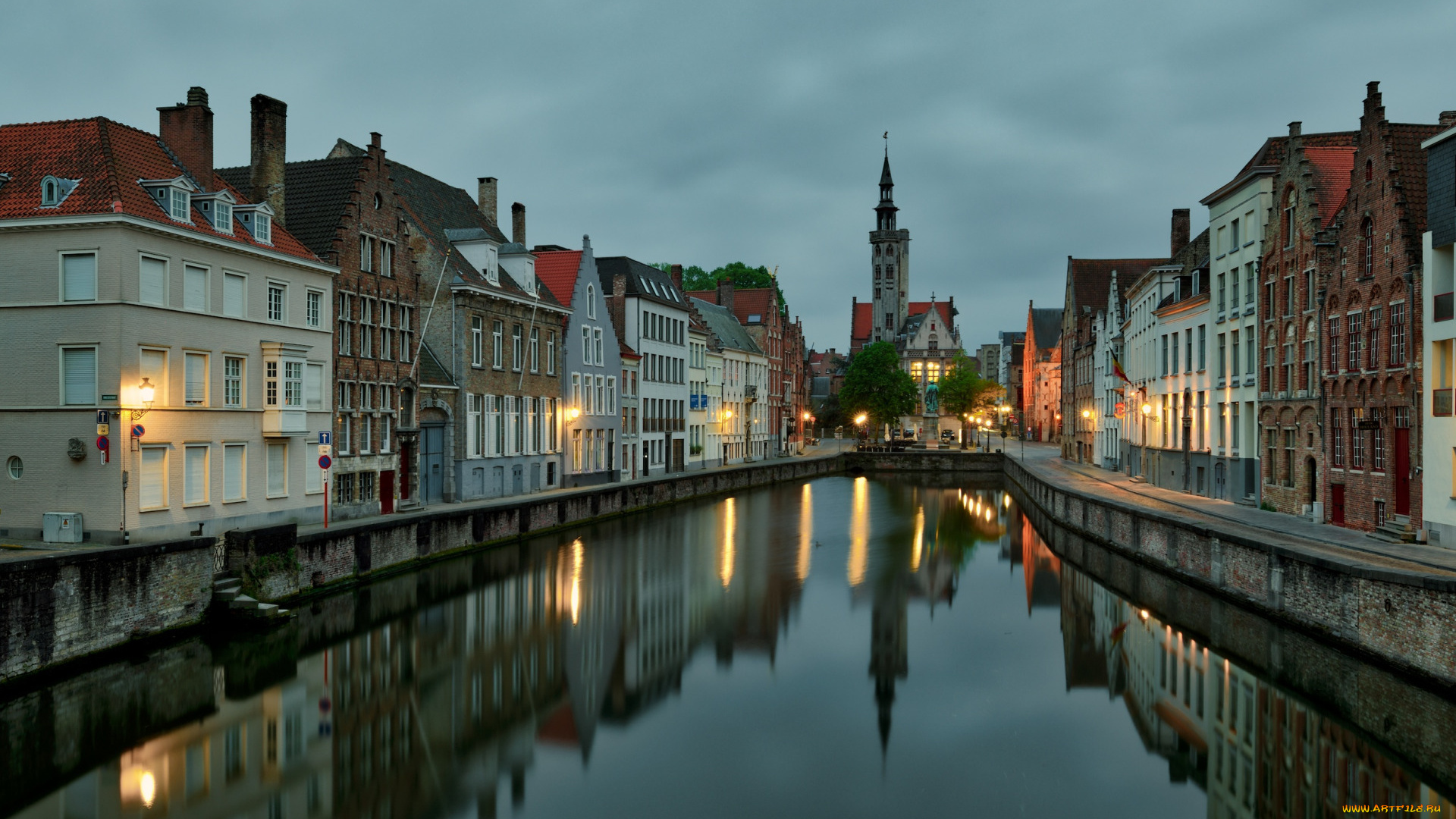 города, -, улицы, , площади, , набережные, западная, фландрия, церковь, город, закат, вечер, брюгге, фламандский, регион, бельгия