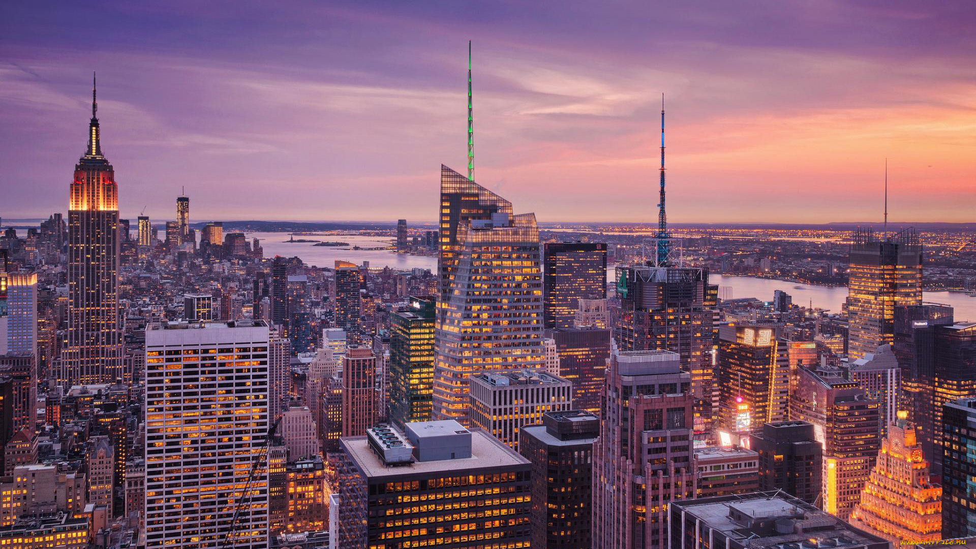 города, нью-йорк, , сша, закат, панорама, река, огни, здания, дома