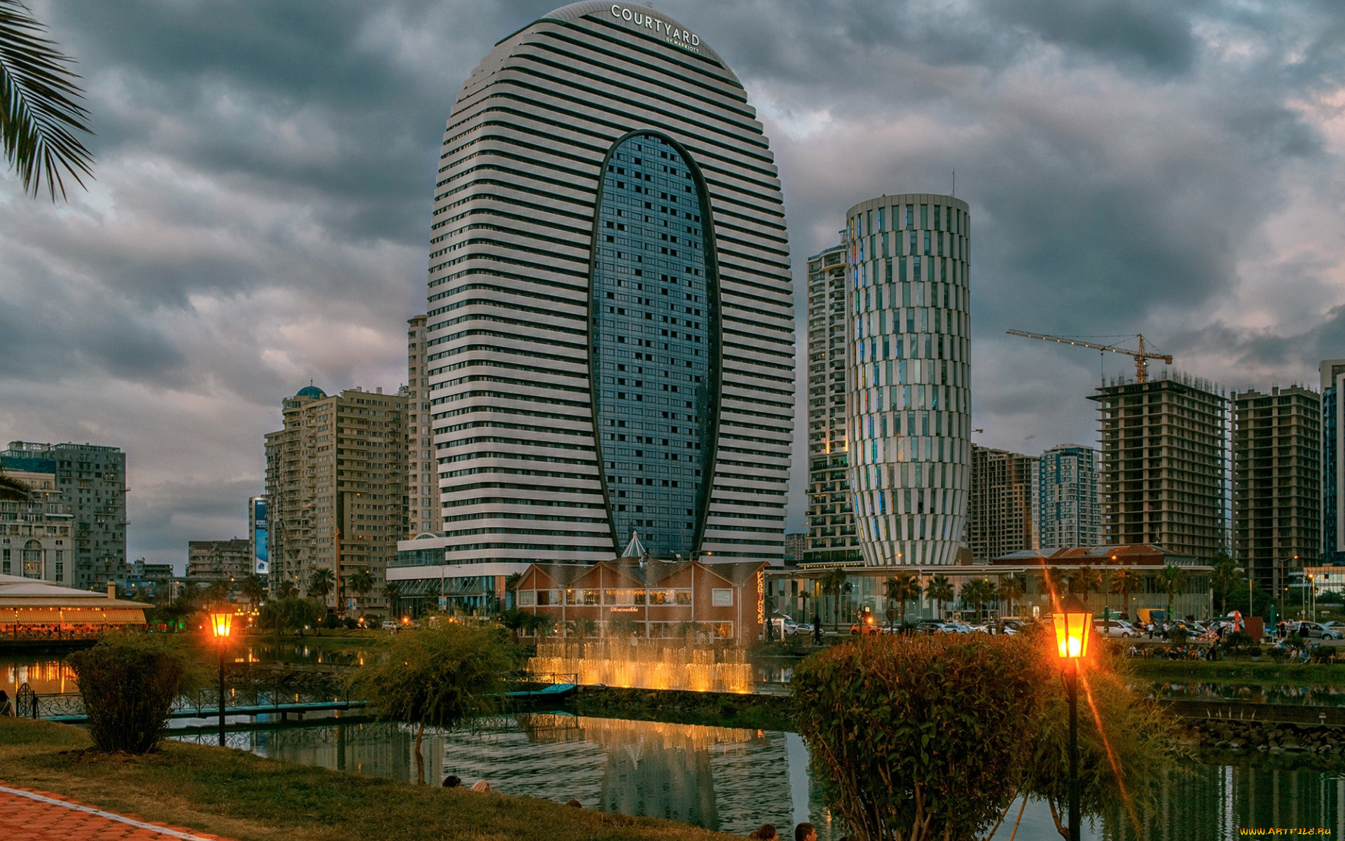 города, -, пейзажи, батуми, современные, здания, город, грузия, закат, вечер, двор, марриотт