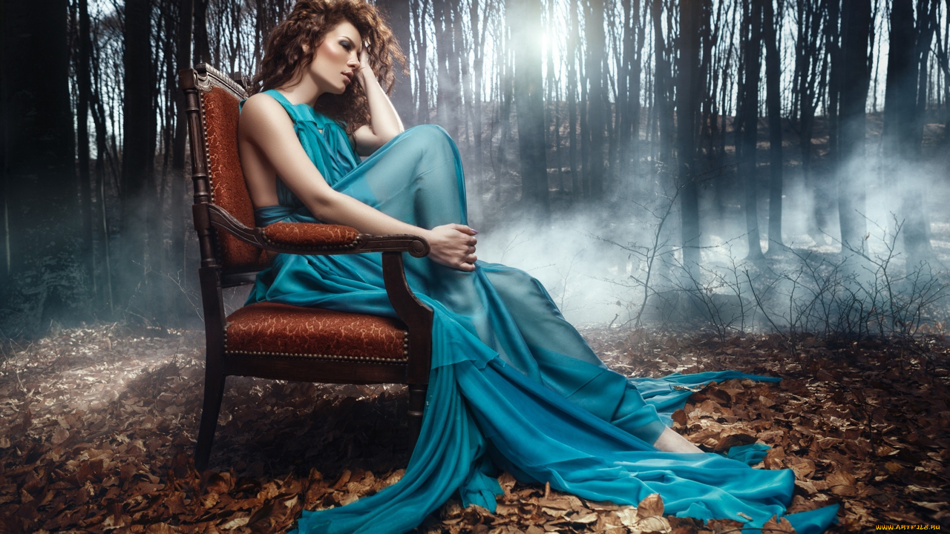 девушки, -, брюнетки, , шатенки, лес, сухие, листья, кресло, девушка, платье