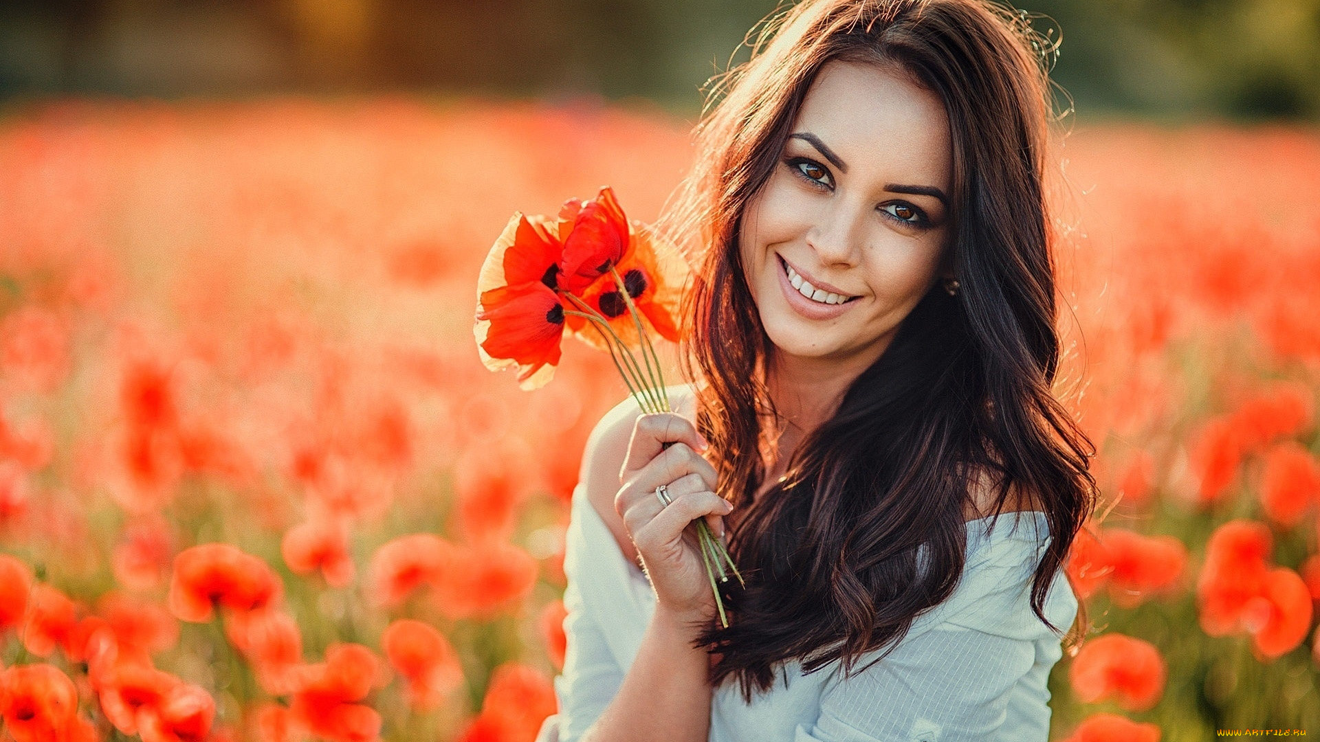 девушки, -, брюнетки, , шатенки, маки, алые, луг, улыбка