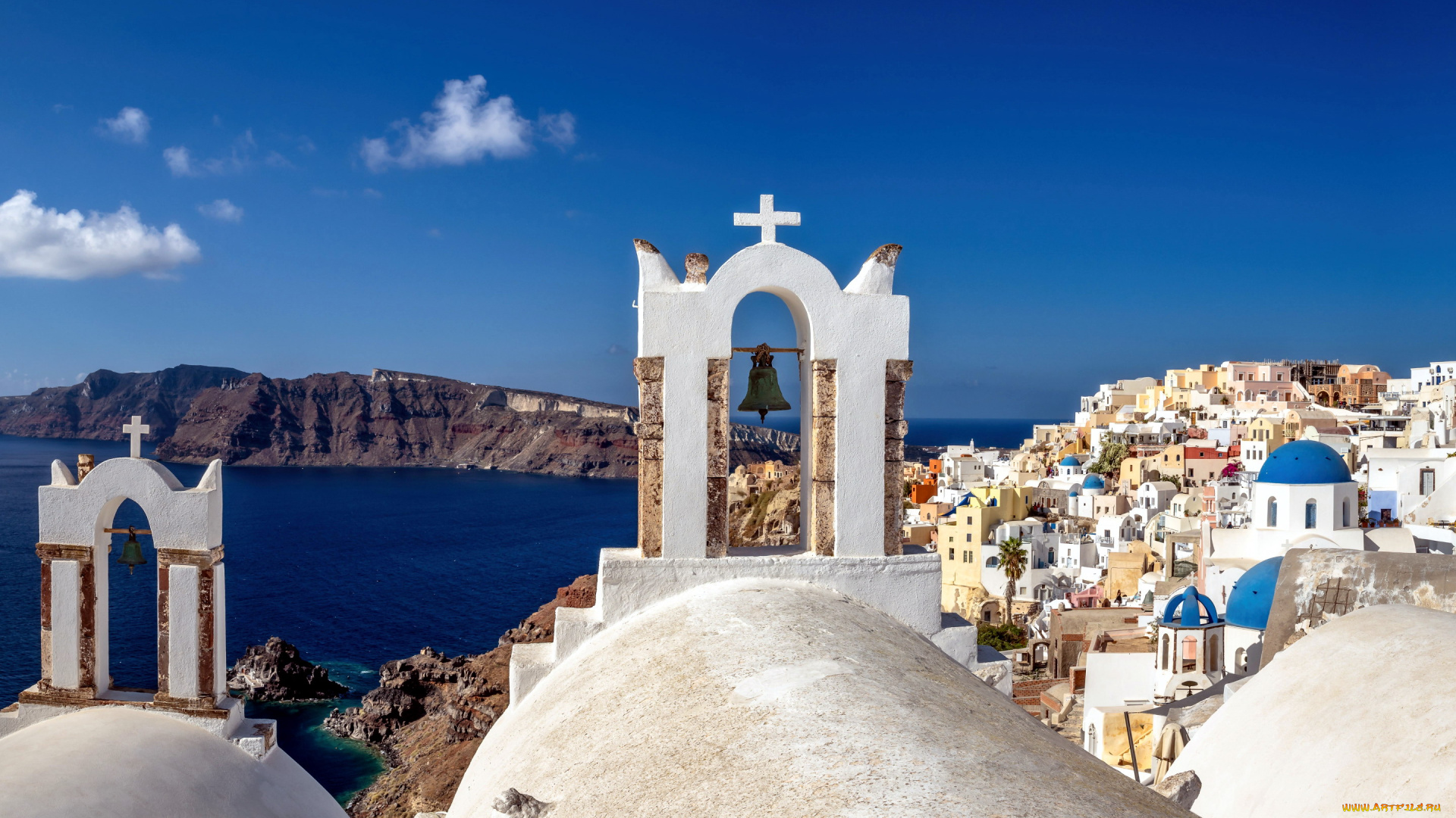 города, санторини, , греция, панорама, колокола