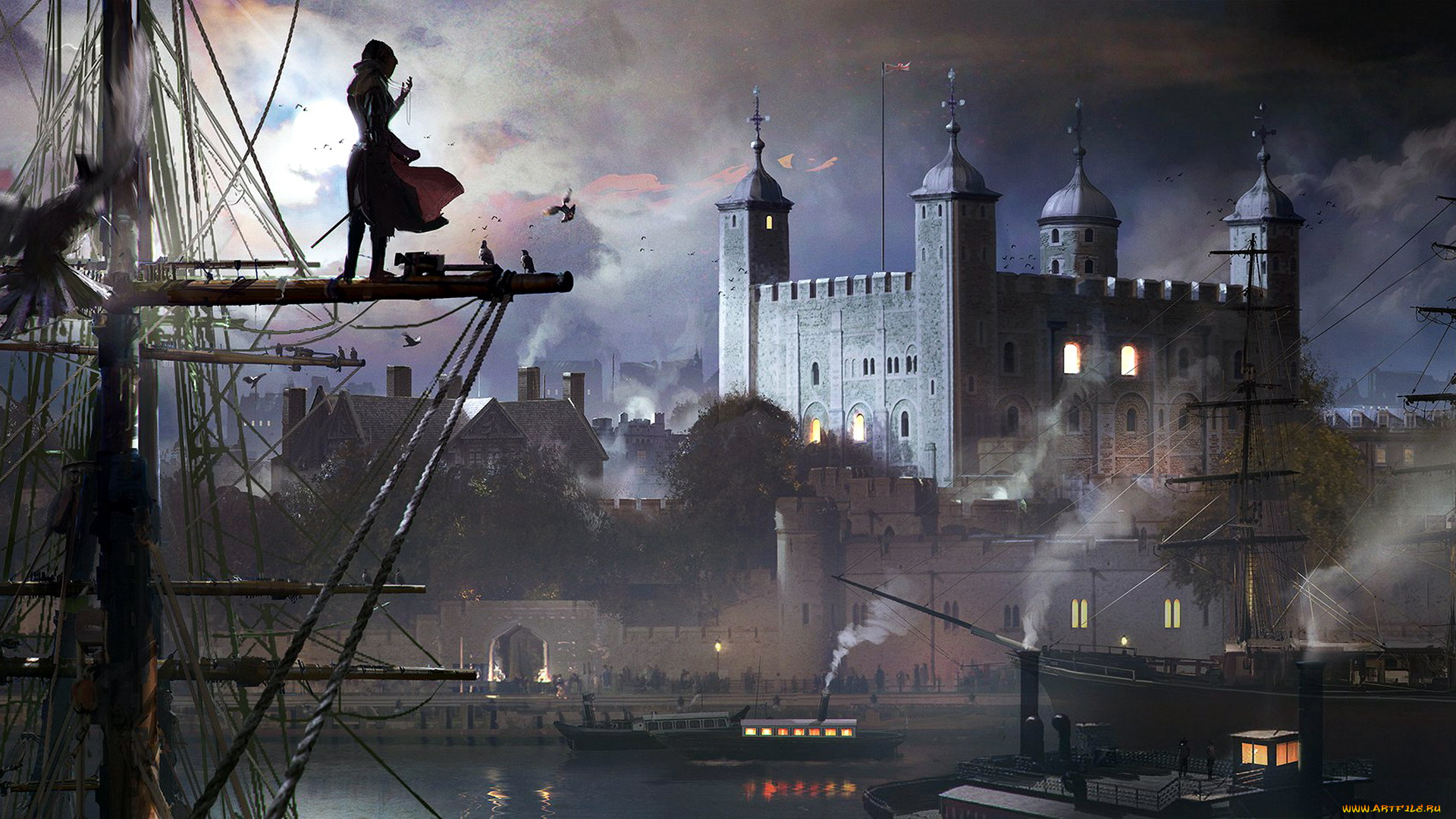 видео, игры, assassin`s, creed, , syndicate, корабли, порт, город, птица, человек