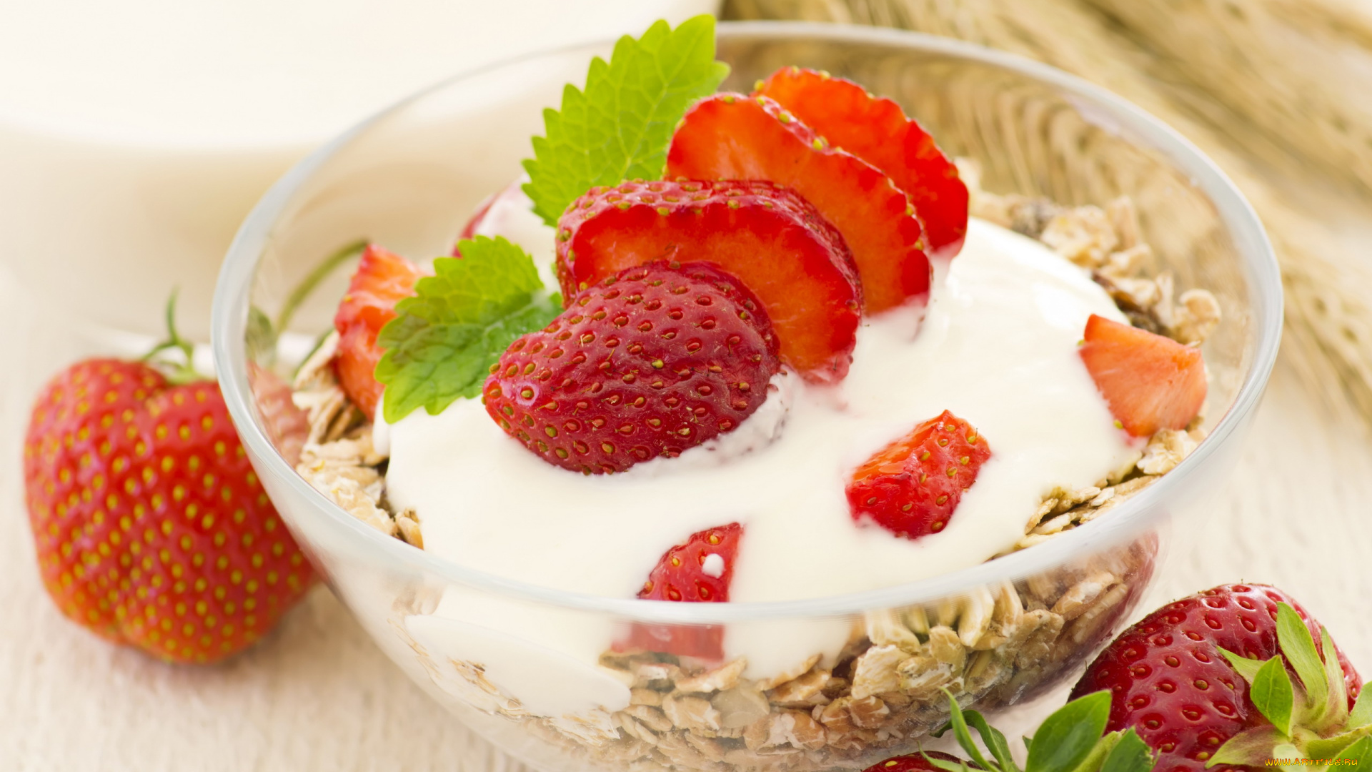 еда, мюсли, , хлопья, клубника, мята