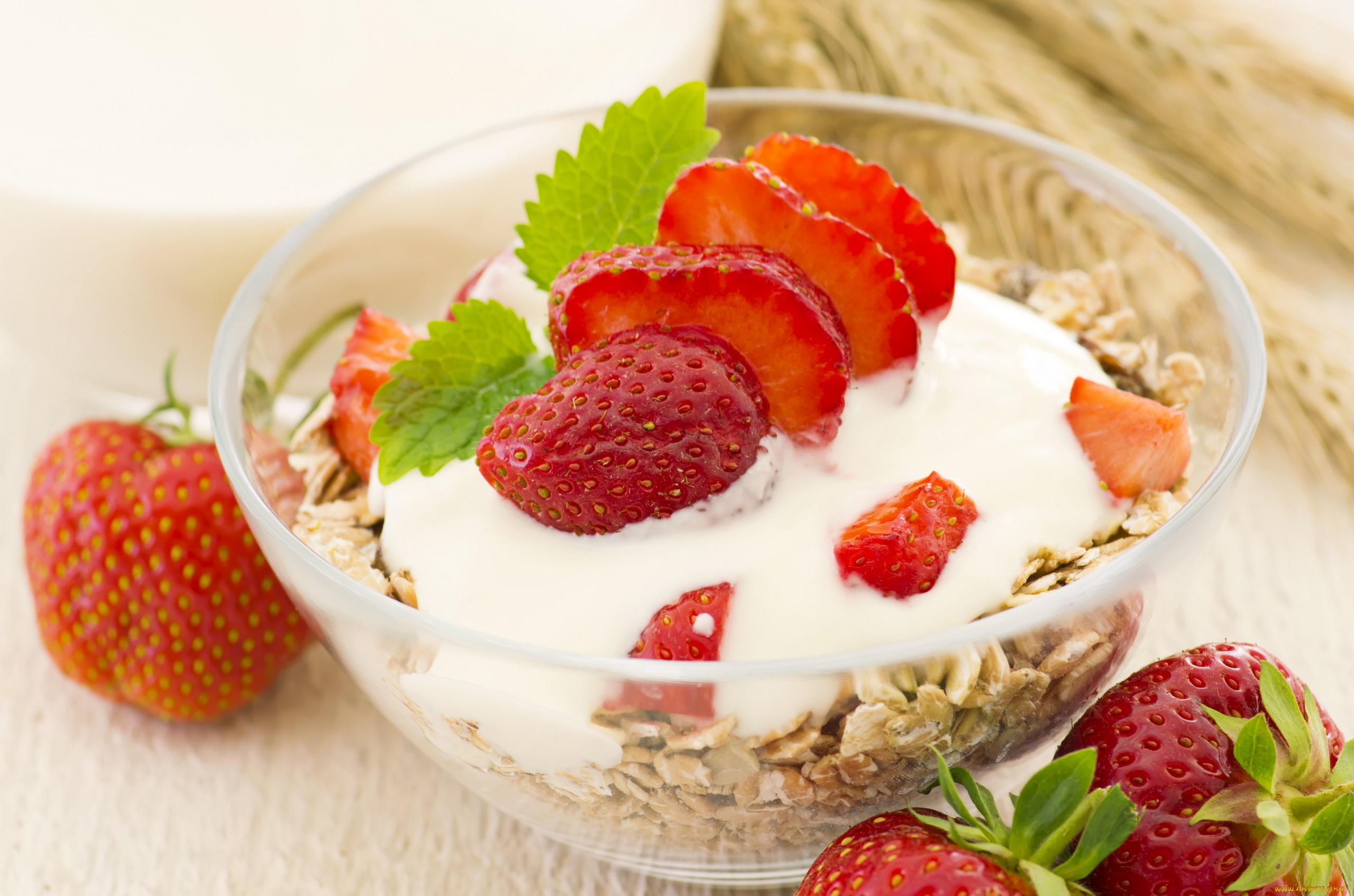 еда, мюсли, , хлопья, клубника, мята