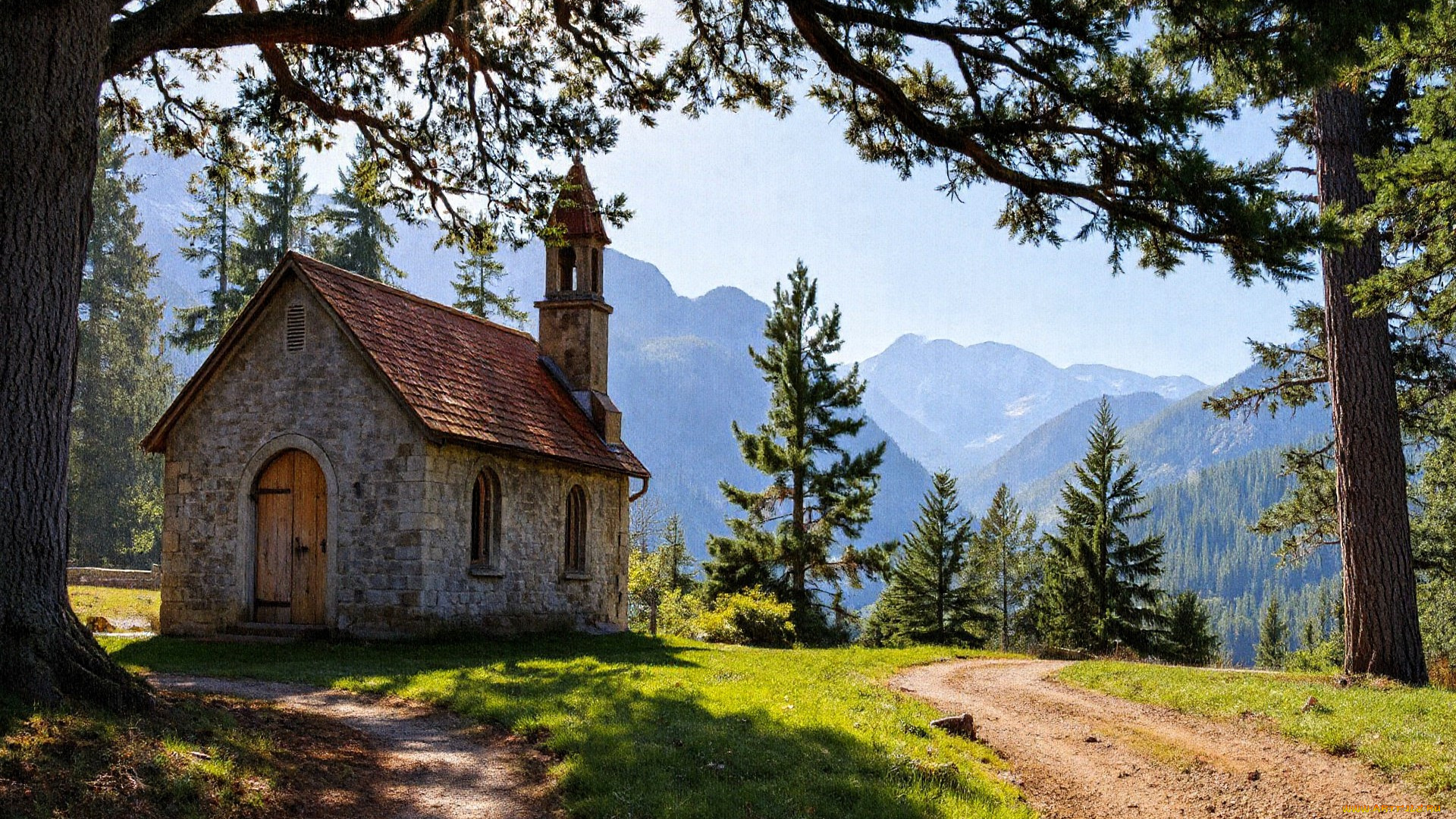 3д, графика, архитектура, , architecture, церковь, лес, горы, тропинки