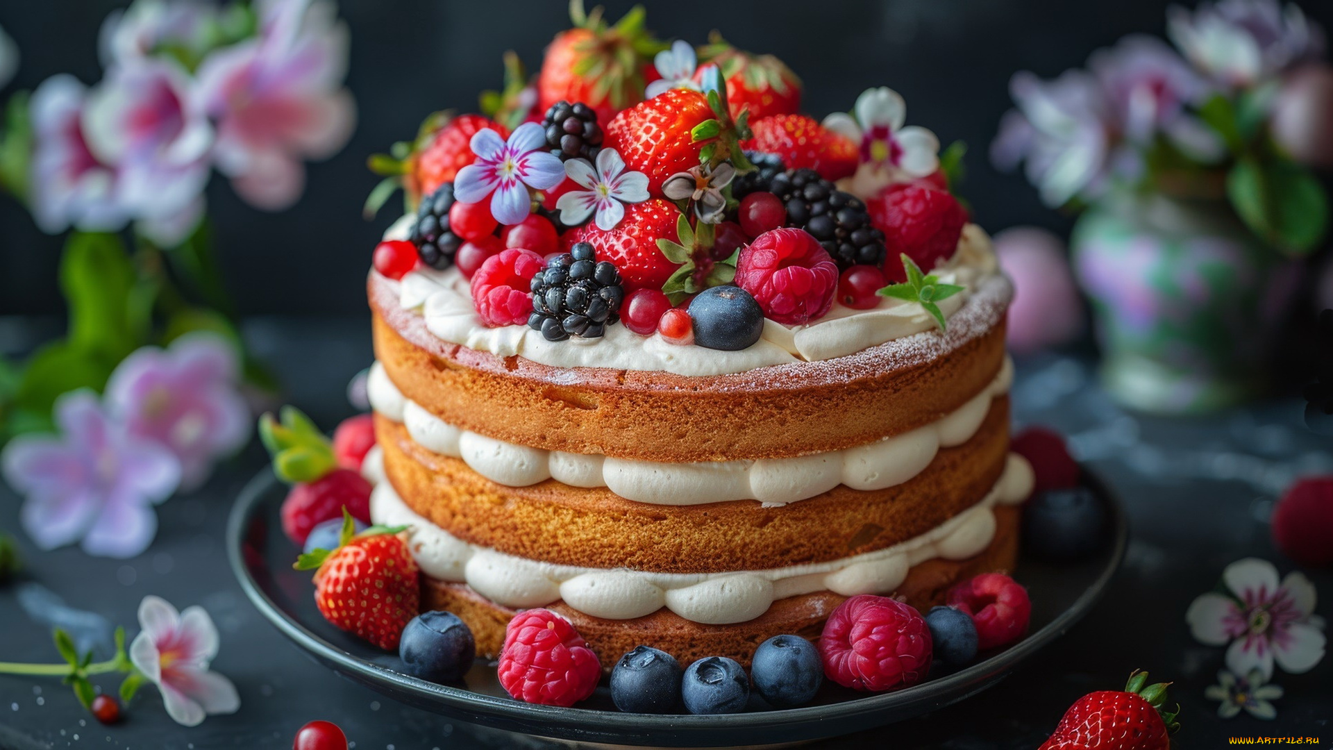 3д, графика, еда-, food, торт, крем, ягоды, клубника, малина, голубика, ежевика