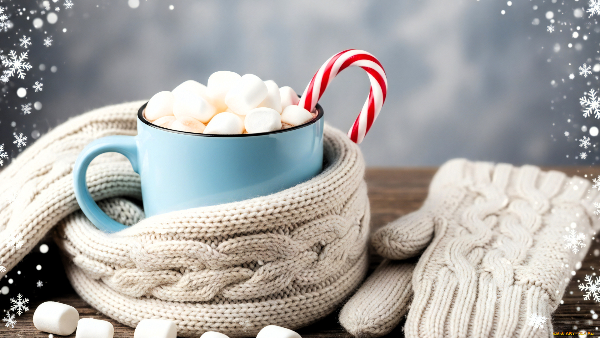 3д, графика, праздники, , holidays, кружка, зефир, леденец, шарф, варежки, столешница, снежинки