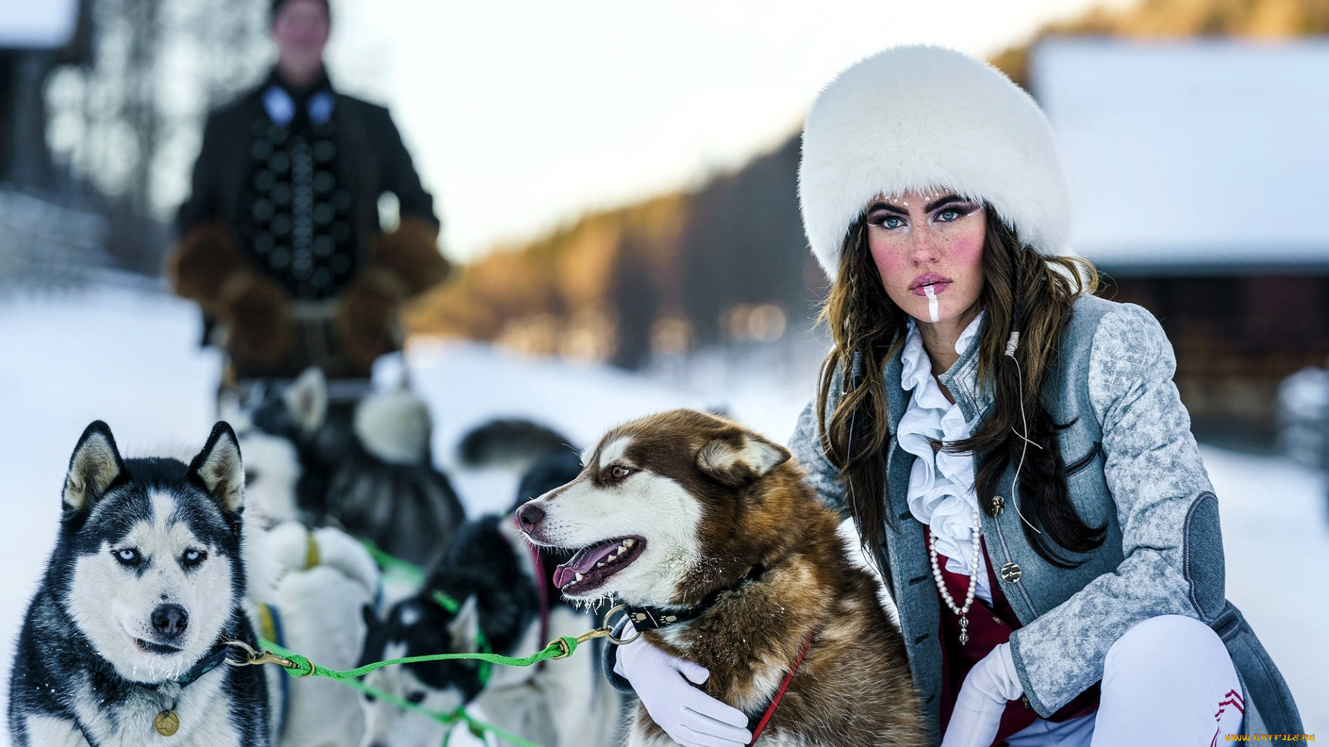 девушки, -, брюнетки, , шатенки, шатенка, шапка, собаки, хаски, наряд, мужчина, снег