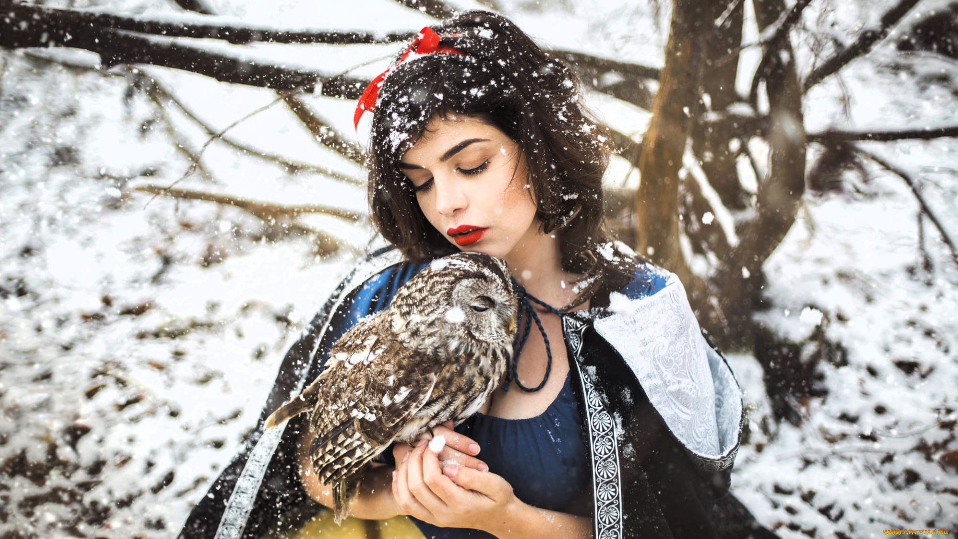 девушки, -, креатив, , косплей, образ, косплей, наряд, костюм, сова, плащ, снег, зима, белоснежка