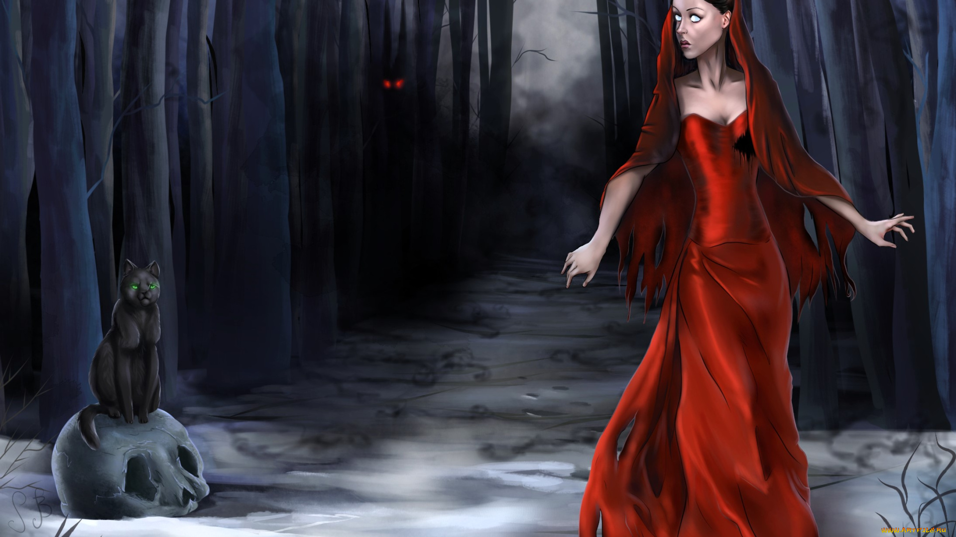 фэнтези, нежить, девушка, лохмотья, снег, лес, кот, череп