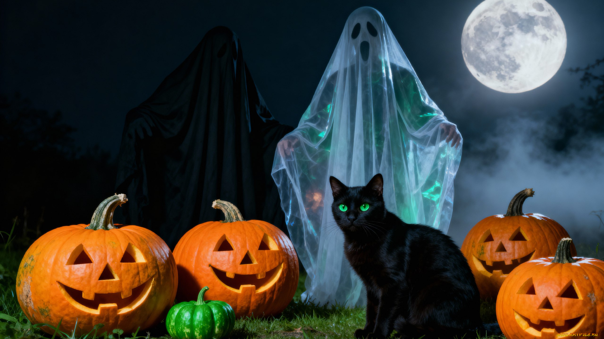 праздничные, хэллоуин, призраки, кот, тыква