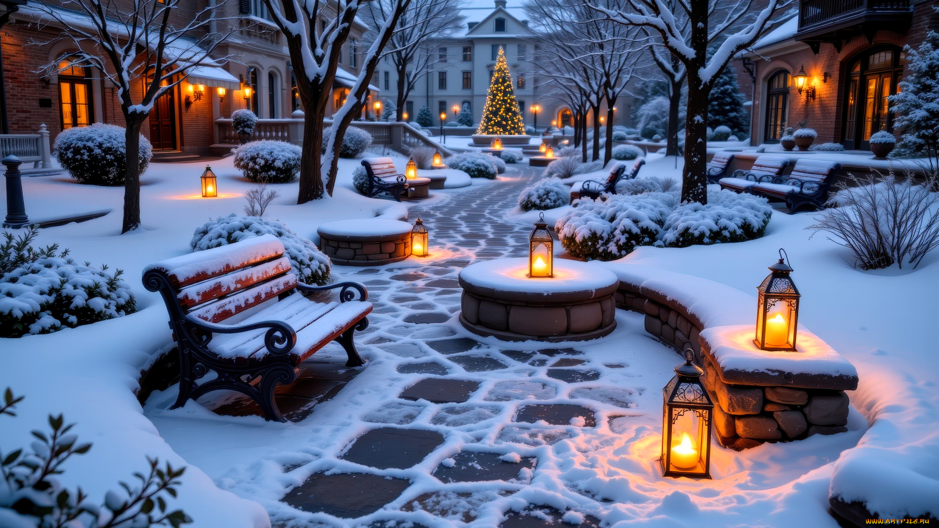 праздничные, ёлки, ёлка, огни, дома, двор, снег, зима, фонари, деревья, скамейка