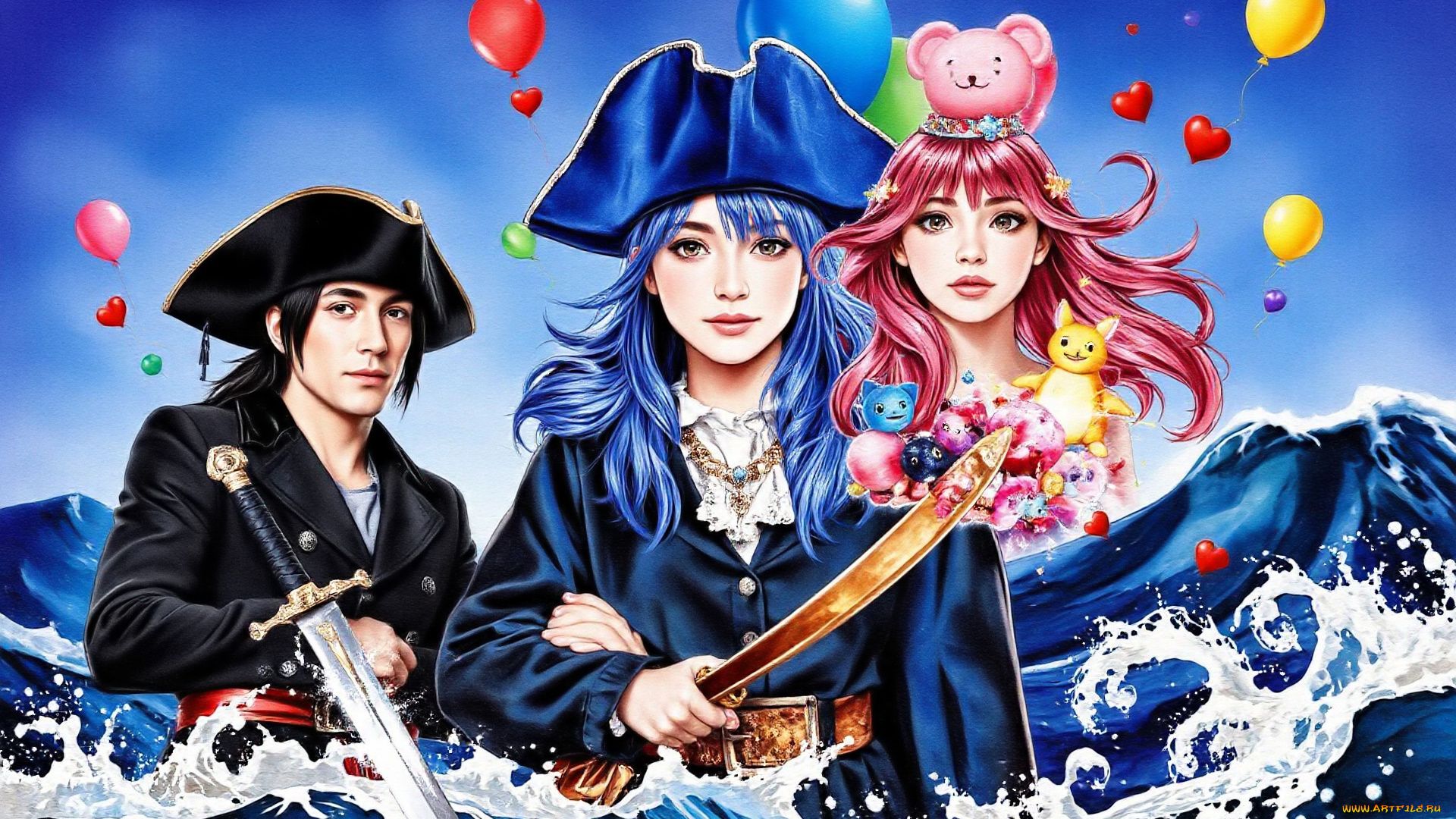 рисованное, люди, парень, девушки, шарики, оружие, море