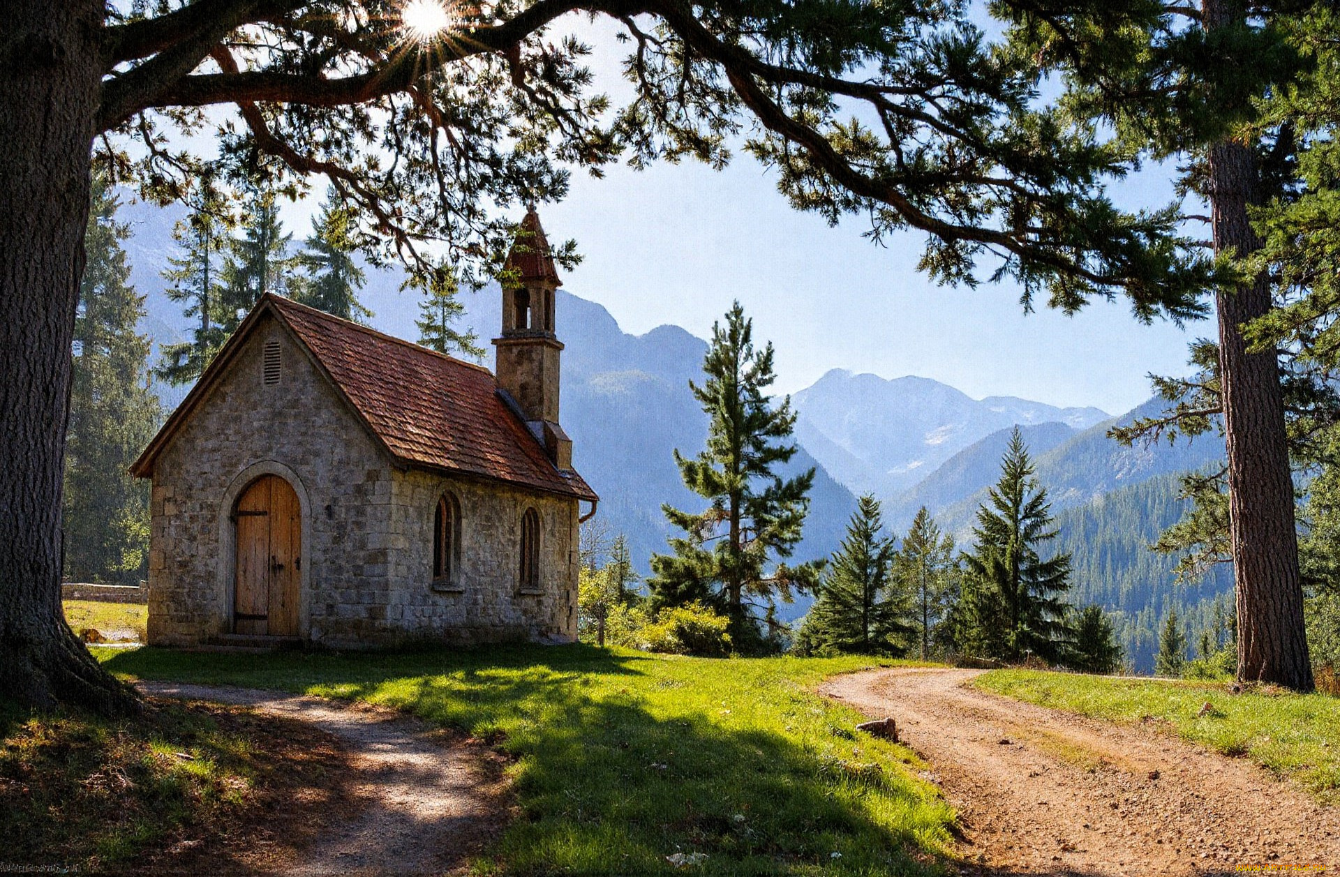 3д, графика, архитектура, , architecture, церковь, лес, горы, тропинки