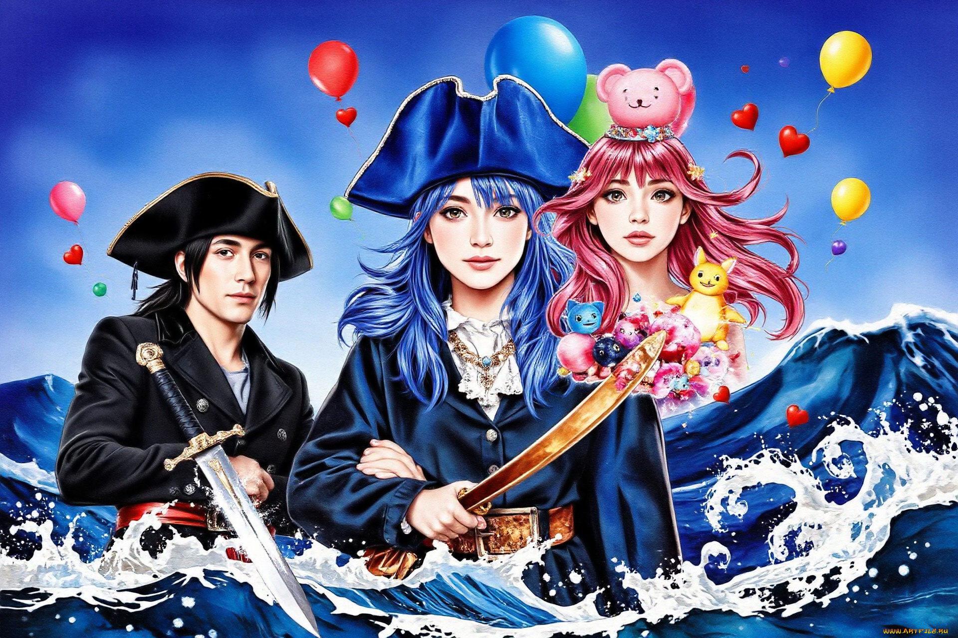 рисованное, люди, парень, девушки, шарики, оружие, море