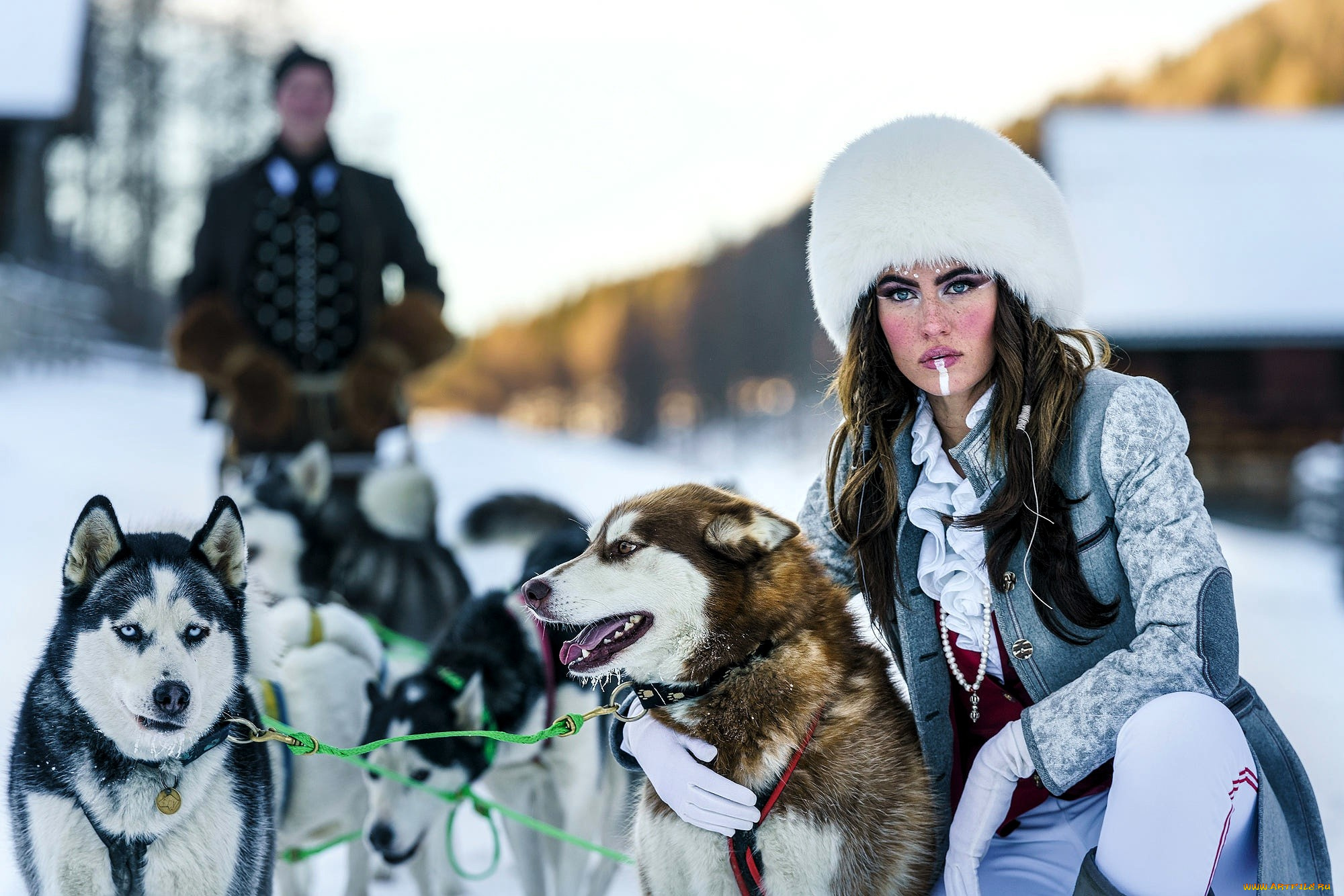 девушки, -, брюнетки, , шатенки, шатенка, шапка, собаки, хаски, наряд, мужчина, снег