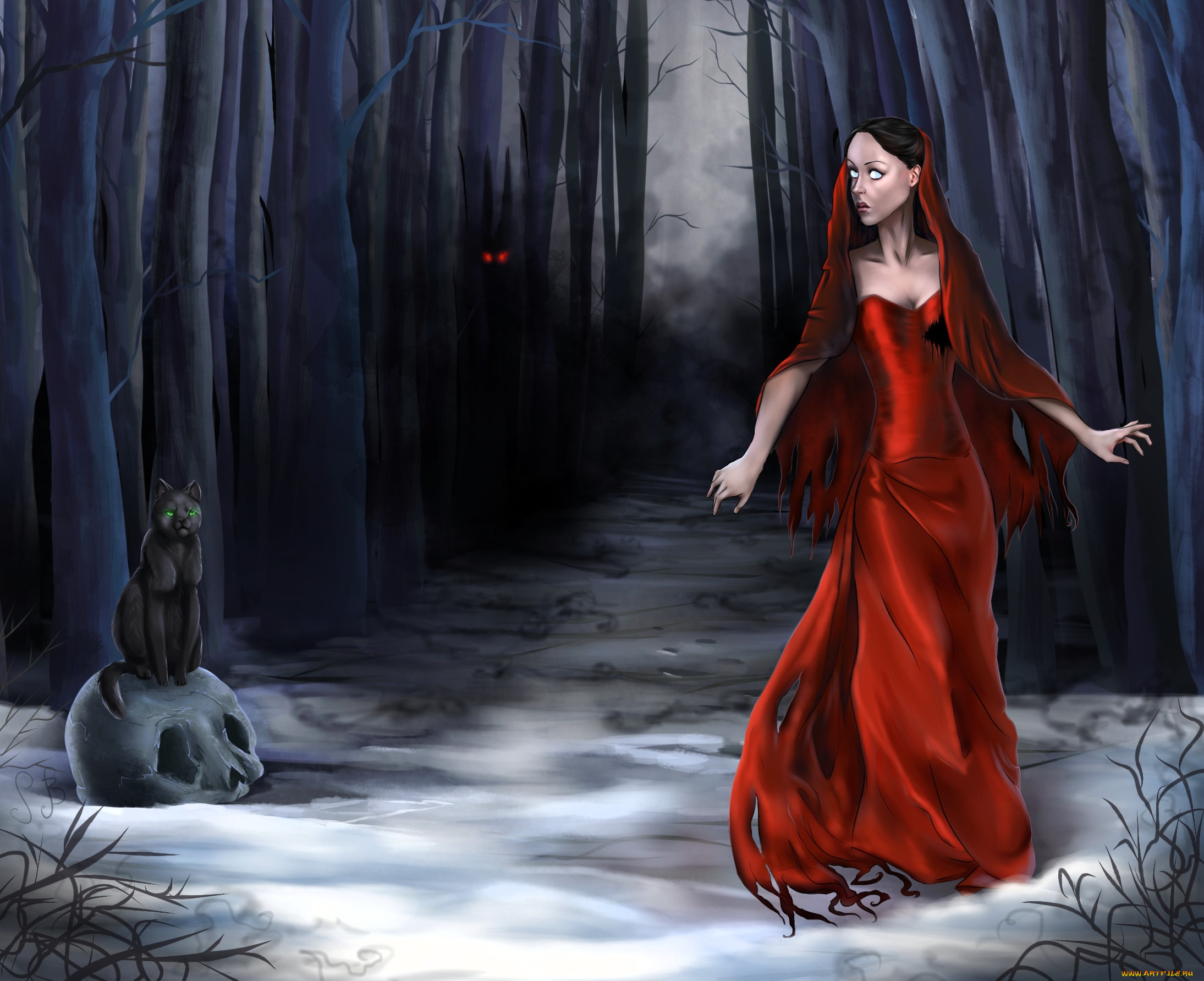 фэнтези, нежить, девушка, лохмотья, снег, лес, кот, череп