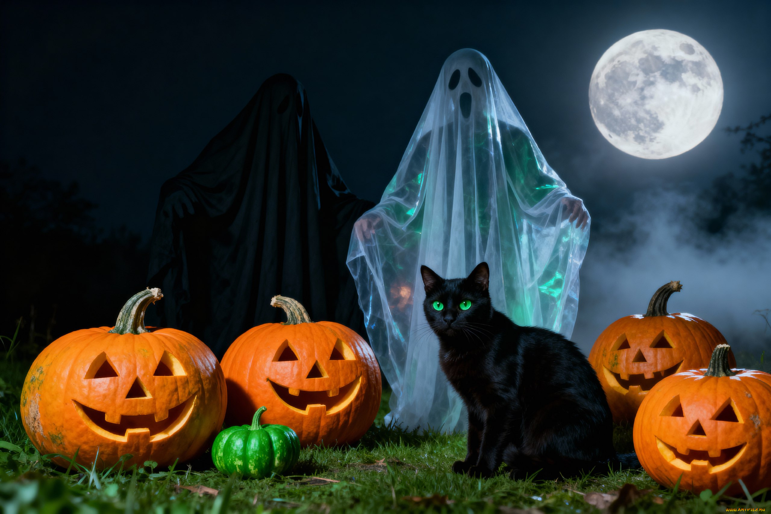 праздничные, хэллоуин, призраки, кот, тыква